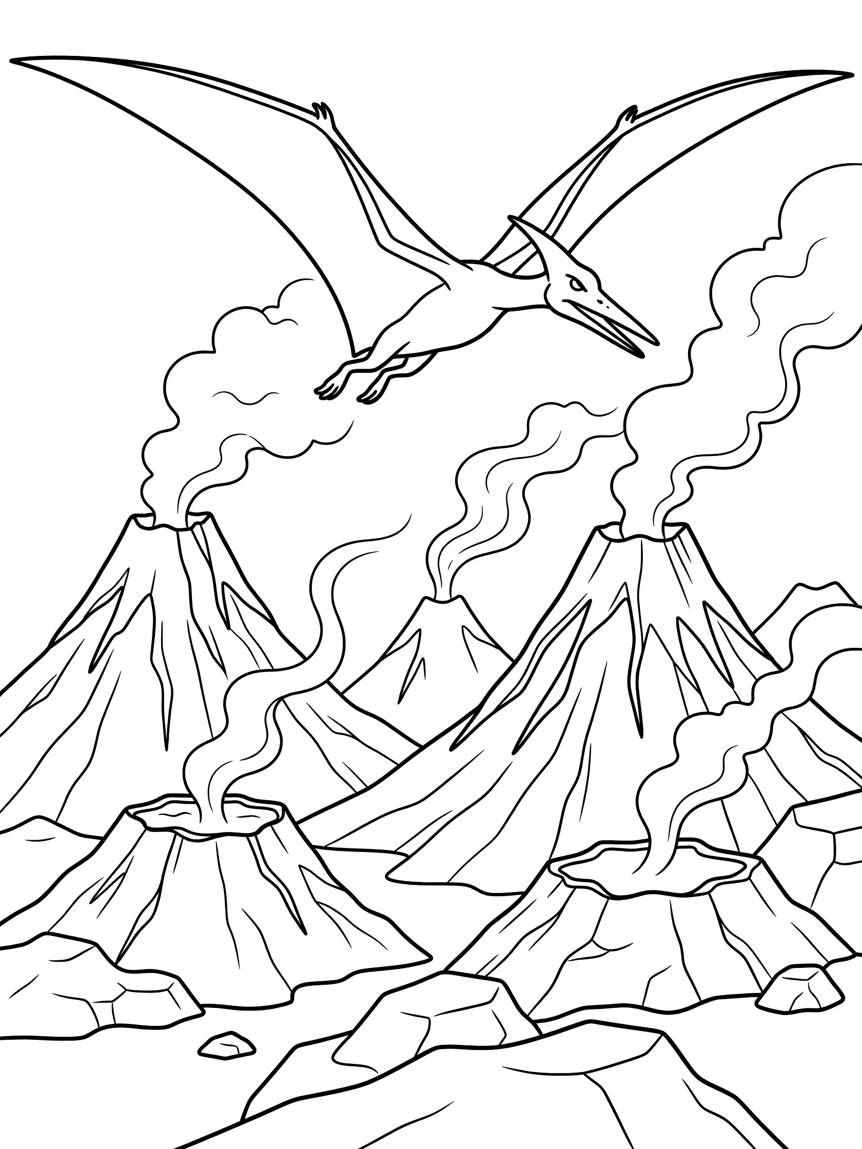 Black and white printable coloring page showing a pterodactyl with wide wings flying high above pointy volcanoes with steam clouds and rocks below.