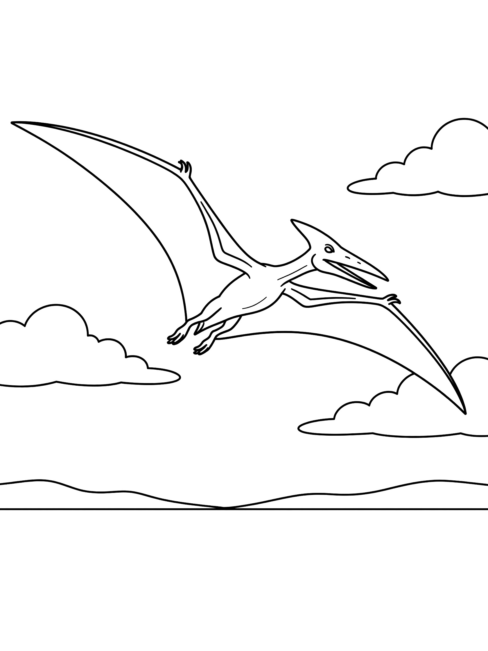 Black and white line art coloring page showing a pterodactyl flying through the sky with spread wings, nearby clouds, and a horizon with hills. Pteranodon themed black and white printable line art
