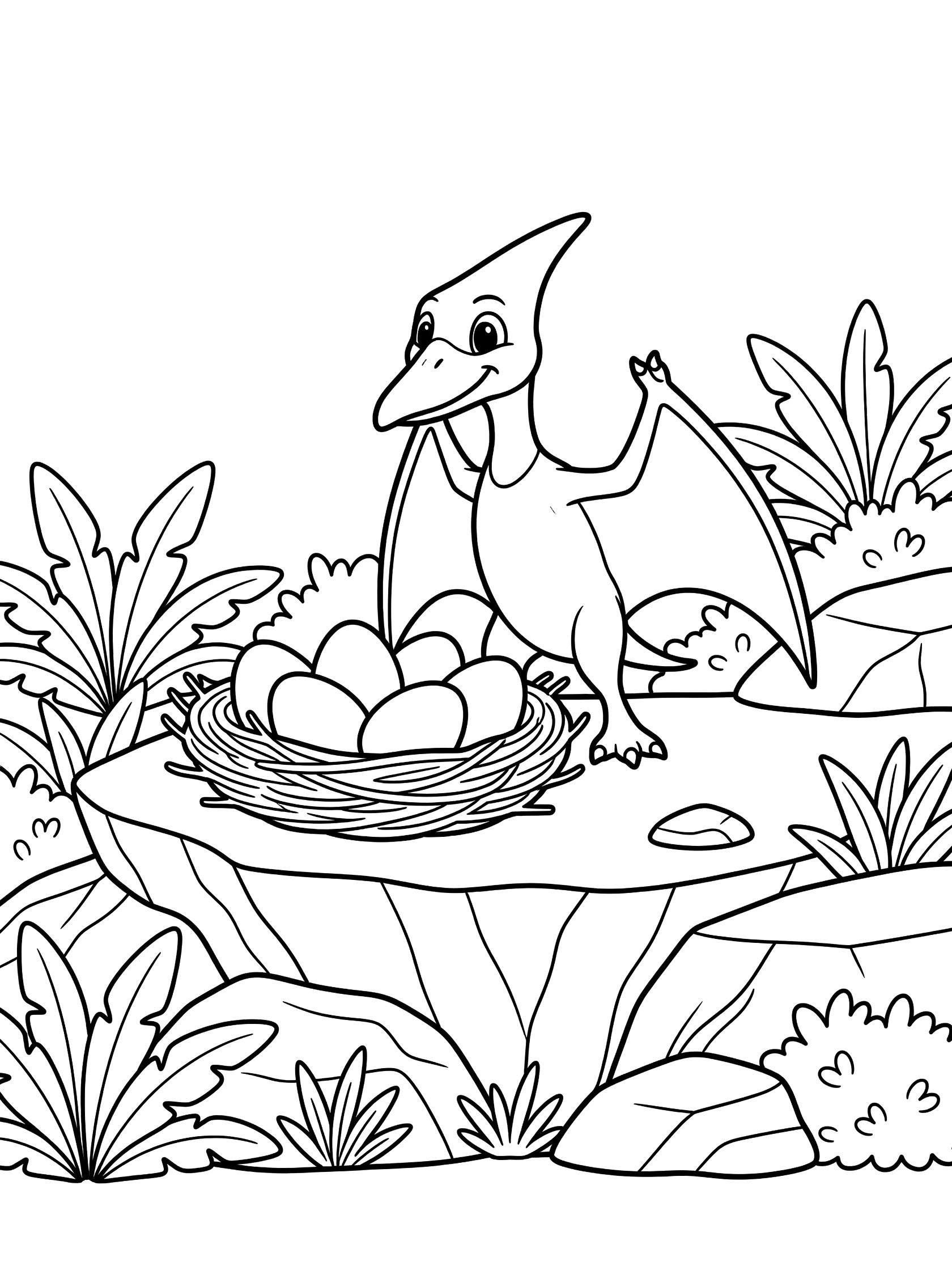 Adorable pterodactyl guarding a nest filled with large dinosaur eggs on a rocky ledge, surrounded by ferns and bushes, simple line art coloring page