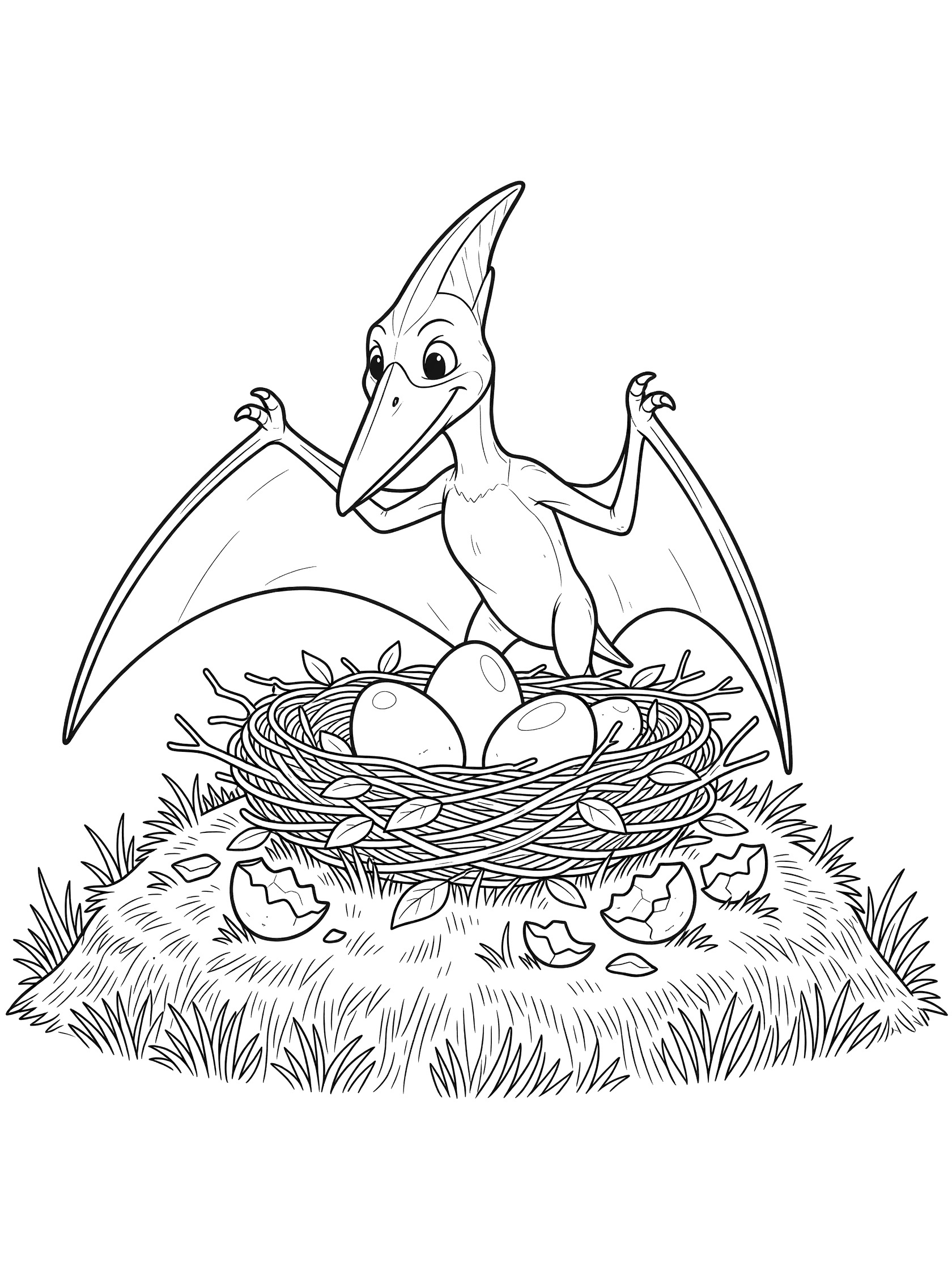 Black and white line art coloring page showing a cute pterodactyl protecting three eggs in a twig nest on grass with shell pieces. Dinosaur Eggs themed black and white printable line art