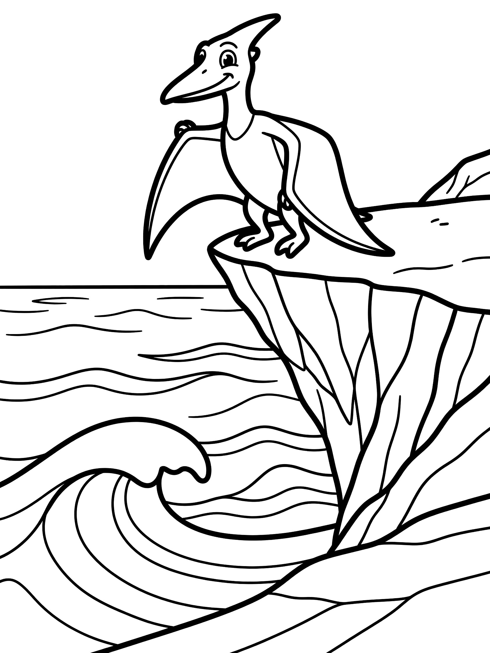 Black line art coloring page showing a pterodactyl with folded wings perched on a rocky cliff overlooking wavy ocean waves