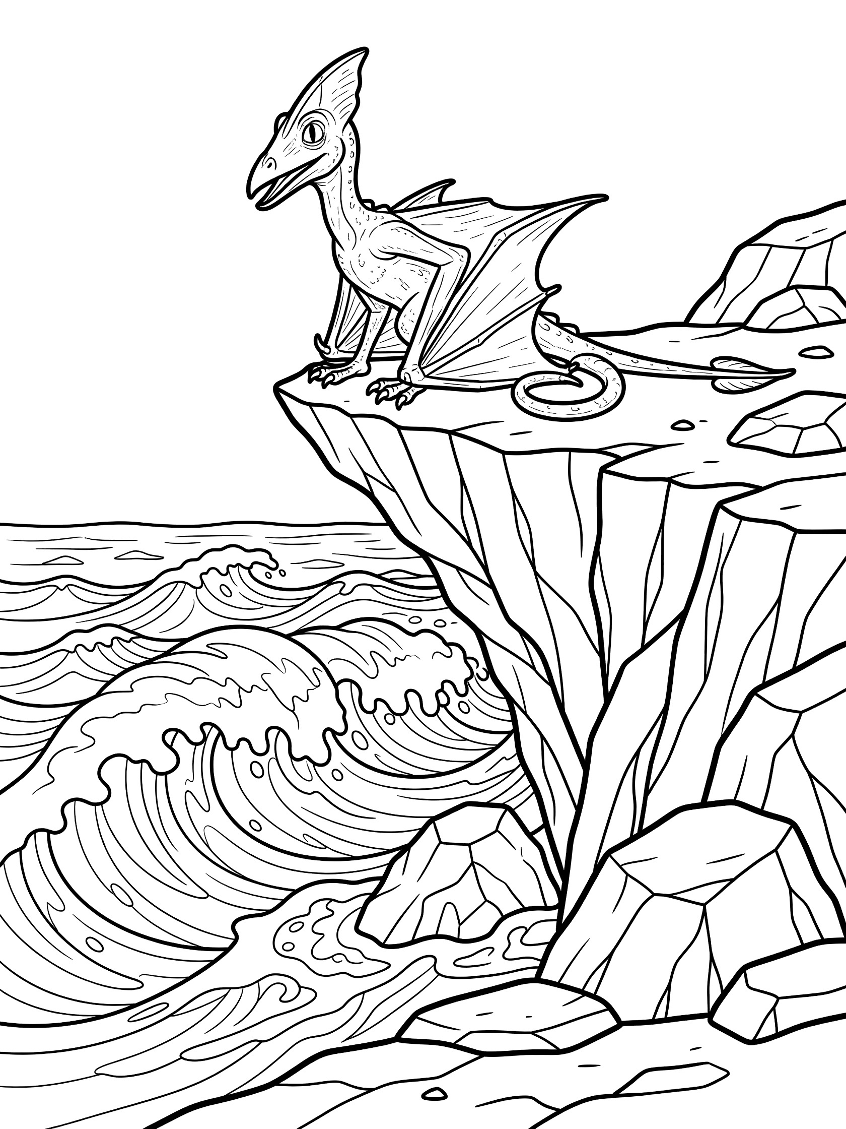 Black and white line art coloring page showing a pterodactyl with folded wings perched on a rocky cliff above ocean waves. Dimorphodon themed black and white printable line art