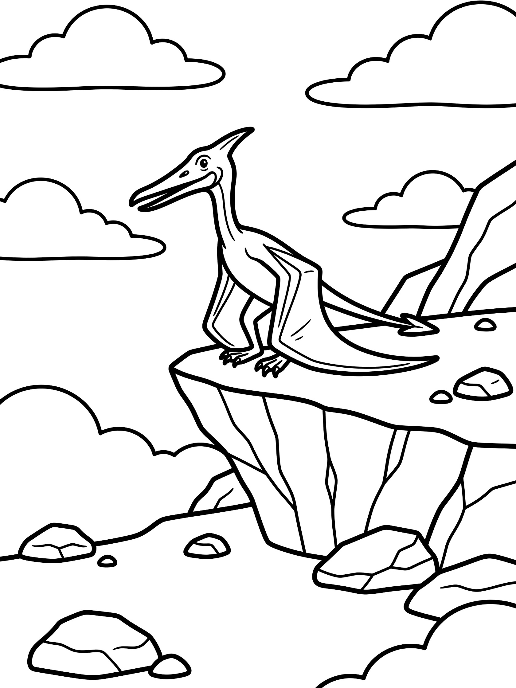 Black and white line art coloring page showing a pterodactyl with folded wings perched on a rocky cliff, surrounded by clouds and scattered rocks. Pteranodon themed black and white printable line art