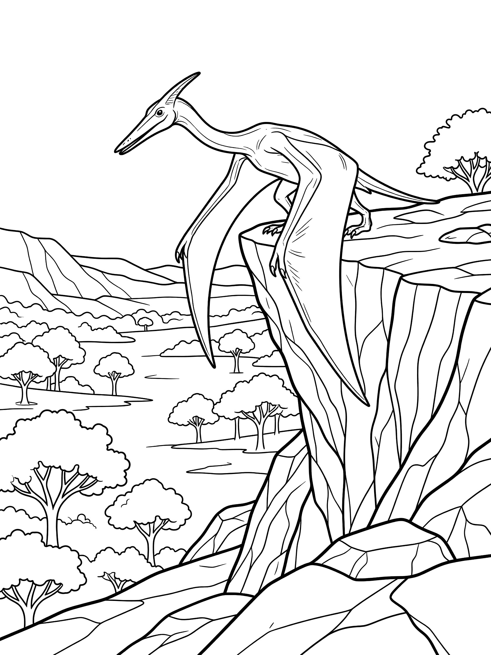 Black and white coloring page of a pterodactyl with long neck and wings folded, sitting on a cliff edge above a valley with scattered trees. Pteranodon themed black and white printable line art
