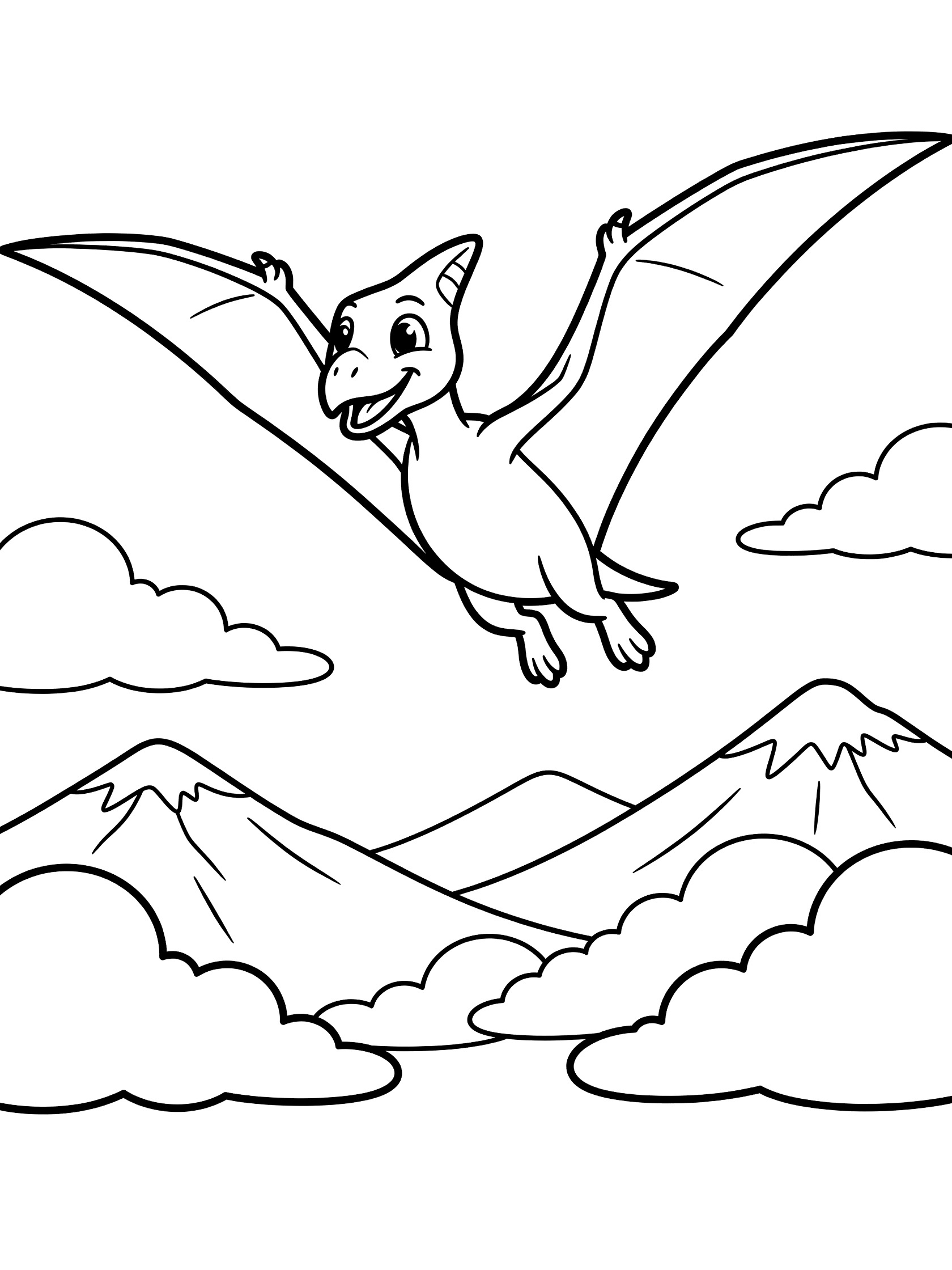 Black and white line art coloring page showing a happy pterosaur soaring in the sky with spread wings, below puffy clouds and pointy mountain peaks. Dimorphodon themed black and white printable line art