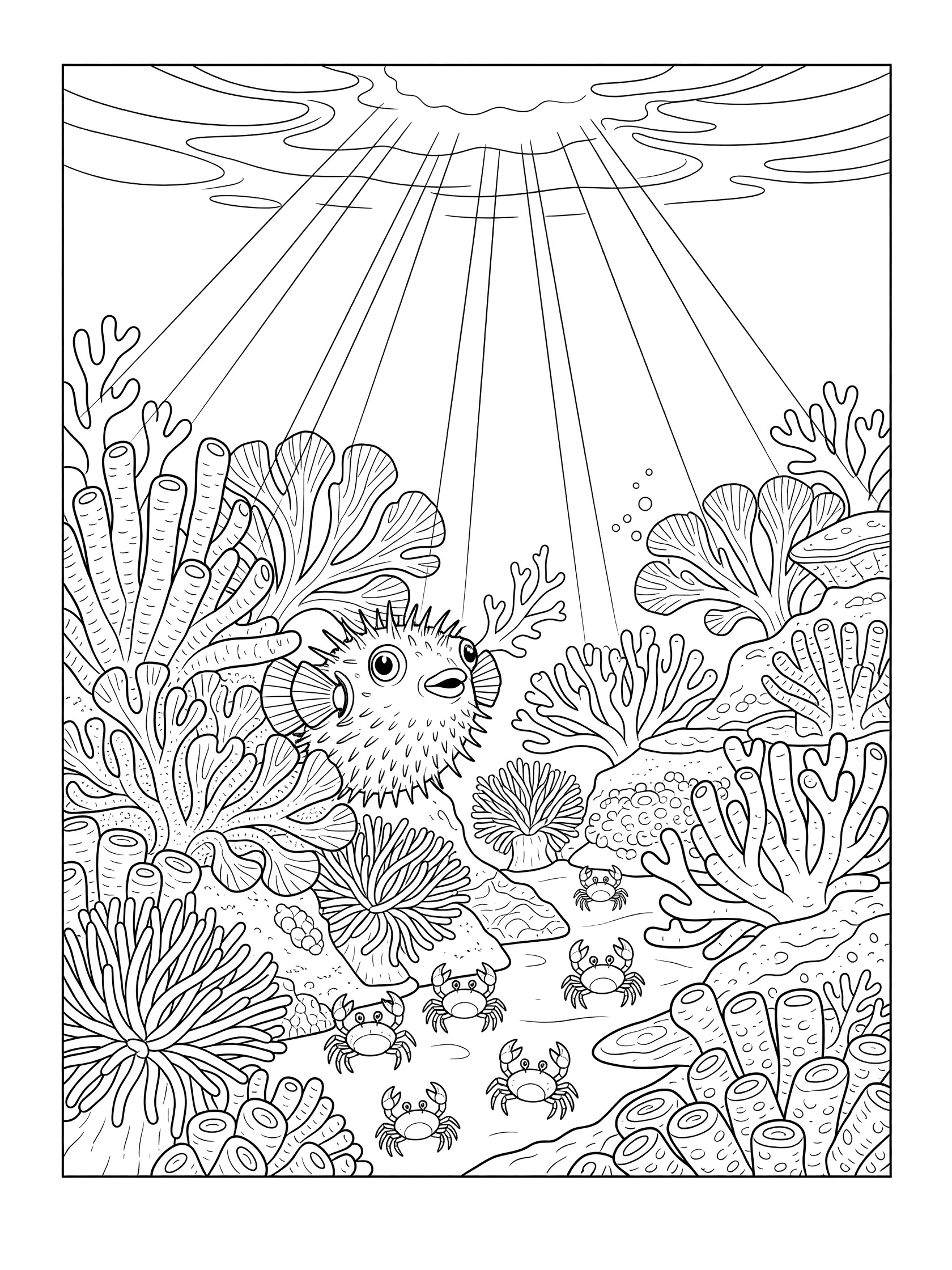 Black and white line art coloring page showing a spiky pufferfish peeking from fan corals and sponges in an underwater reef with small crabs and sun rays