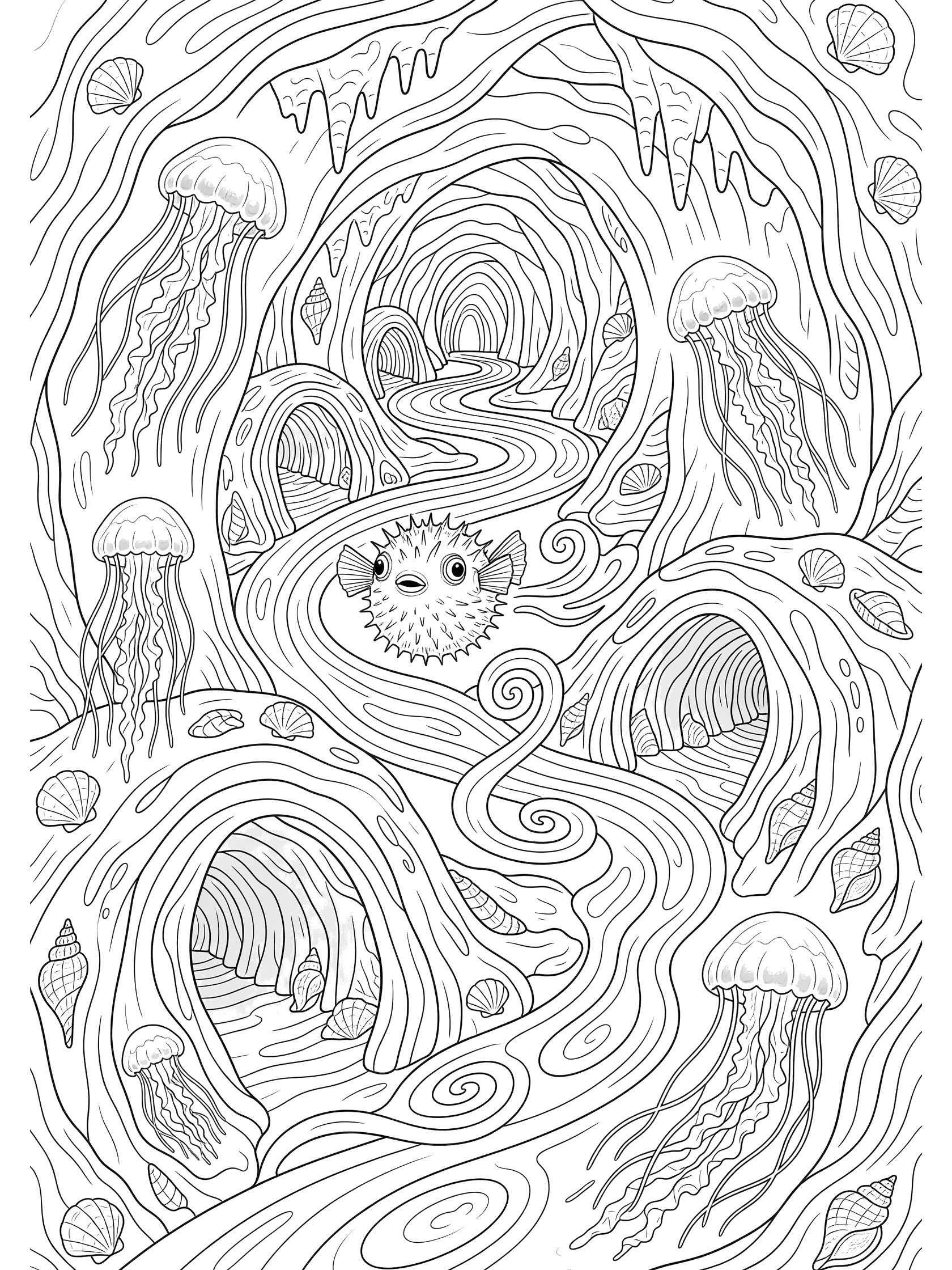 Black and white line art coloring page of a pufferfish with big eyes swimming in a cave full of jellyfish, twisting tunnels, shells, and swirling water lines.