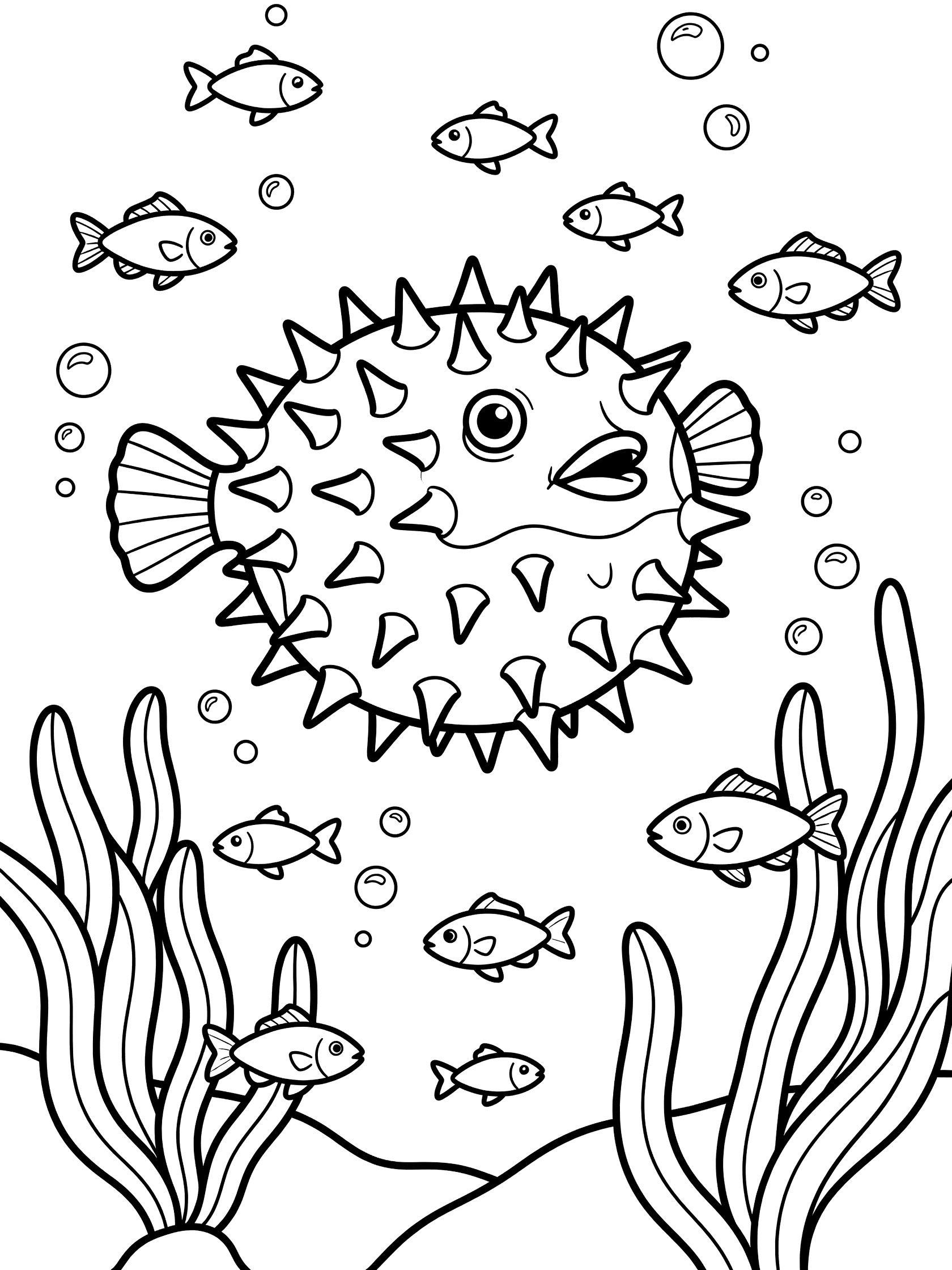 Black and white line art coloring page showing a big inflated pufferfish with spines and eyes, surrounded by small fish, bubbles, and wavy seaweed.