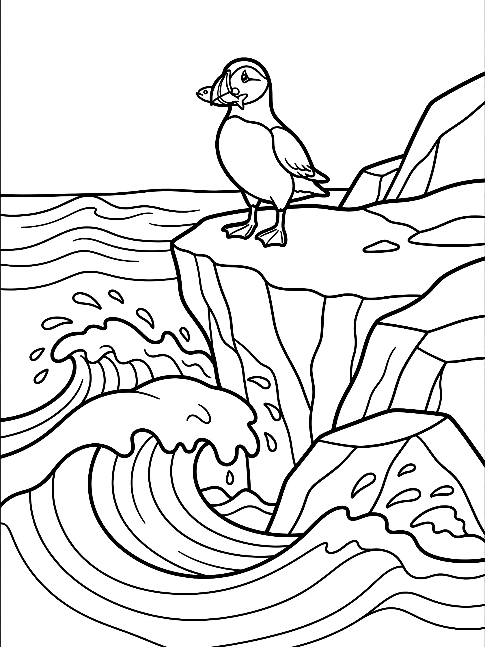 Black and white line art coloring page showing a puffin bird with fish in beak on a cliff above ocean waves