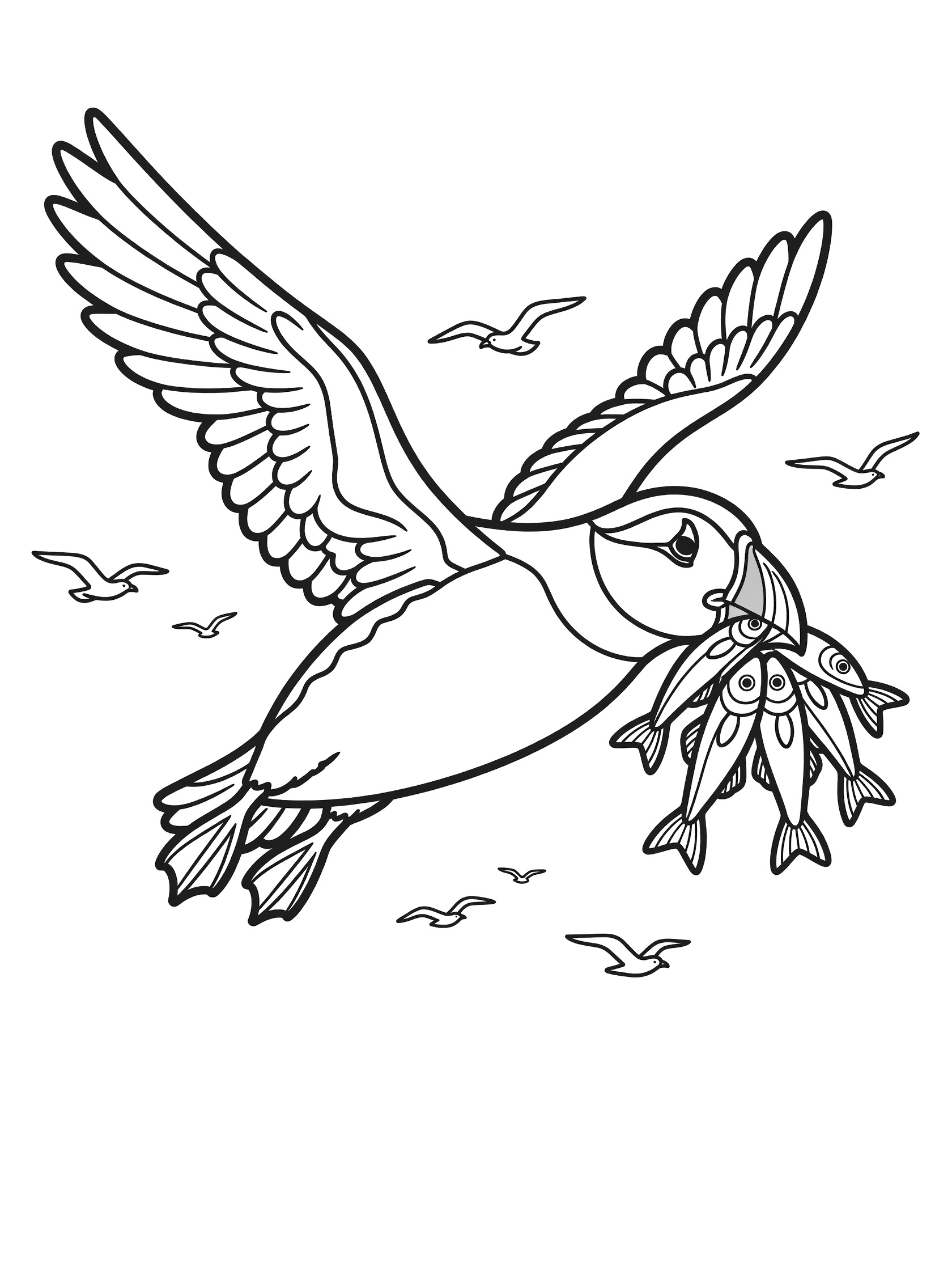 Black and white line art coloring page showing a puffin soaring with wings spread, holding fish in beak, and seagulls in the sky.
