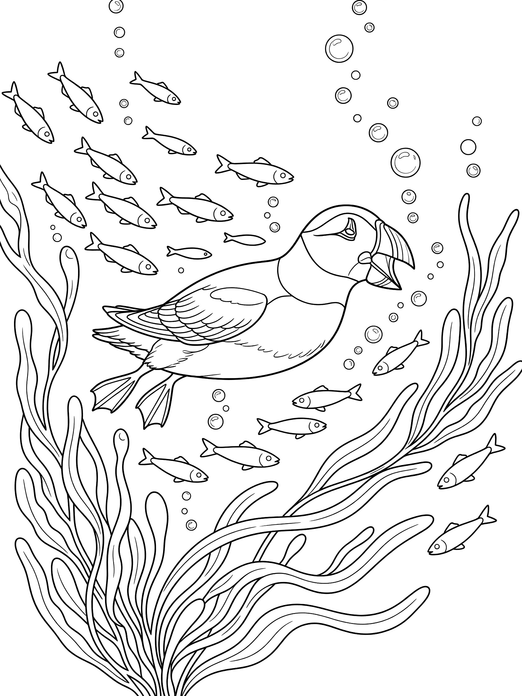 Black and white line art coloring page showing a puffin bird swimming underwater, surrounded by bubbles, schools of small fish, and wavy seaweed.