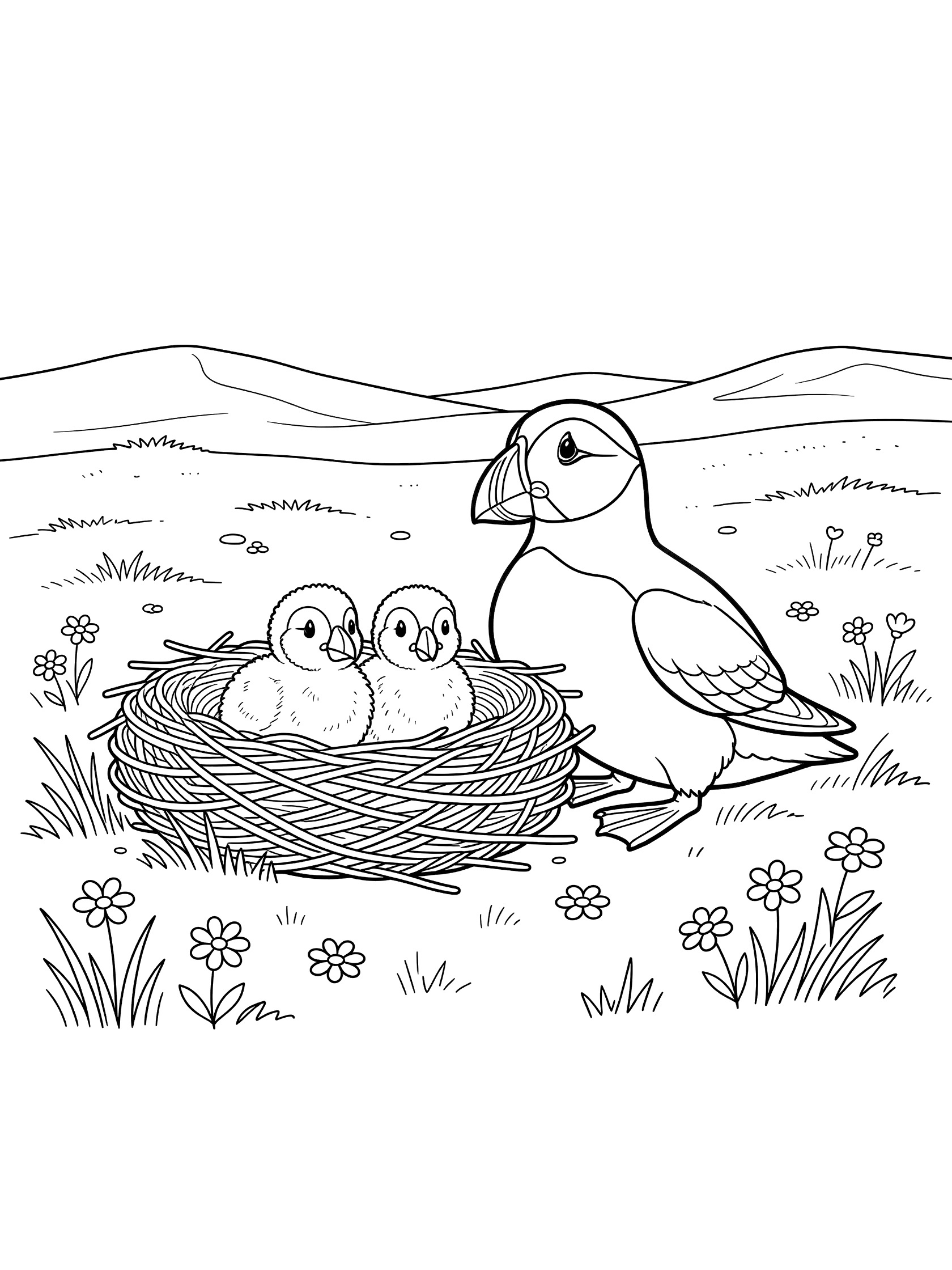 Black and white line art coloring page showing a puffin bird next to a nest with two chicks on grassy tundra with flowers and distant hills.