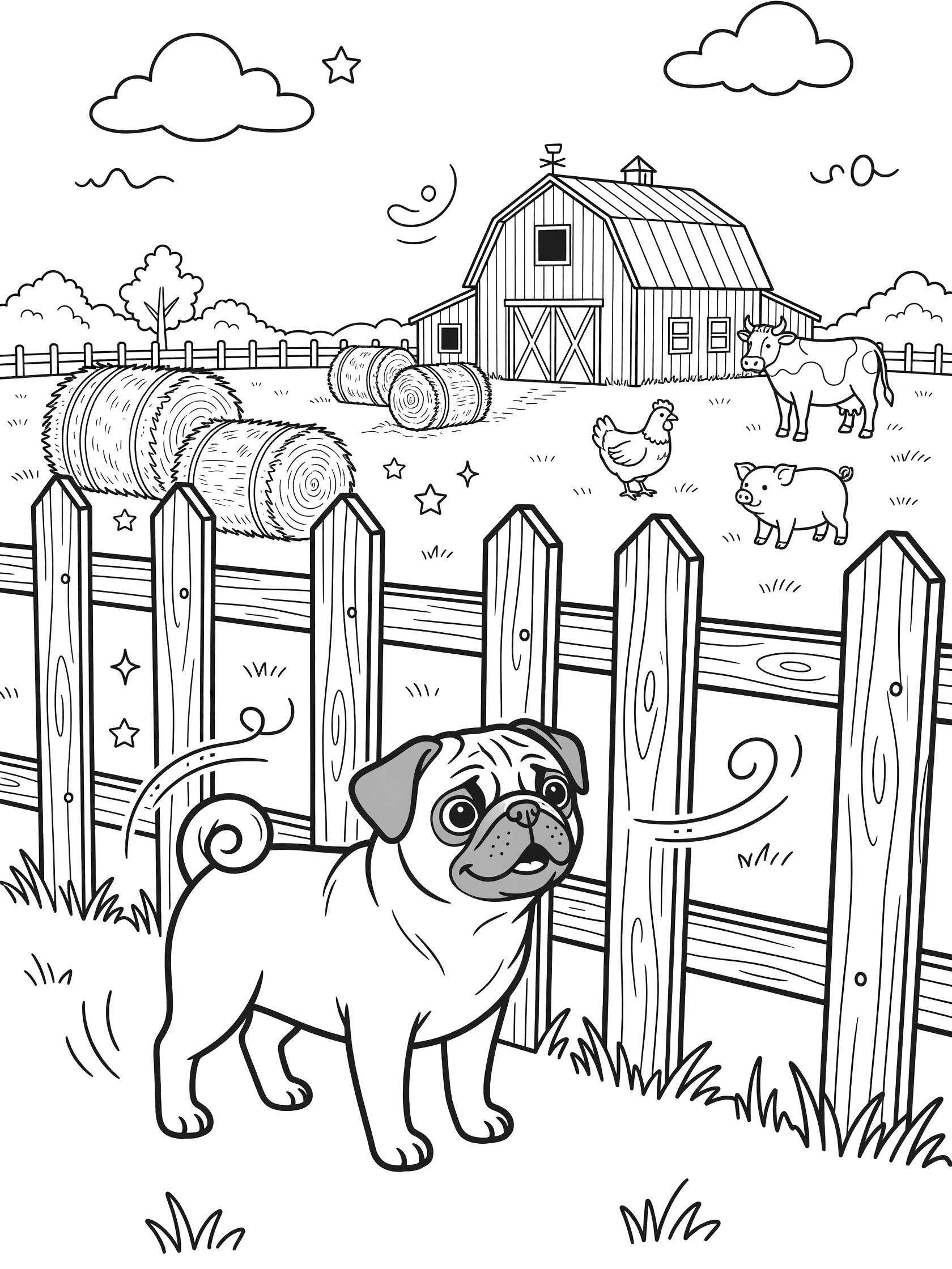 Black and white line art coloring page of a pug dog standing by a wooden farm fence with barn, hay bales, chickens, cows and pigs in the background.