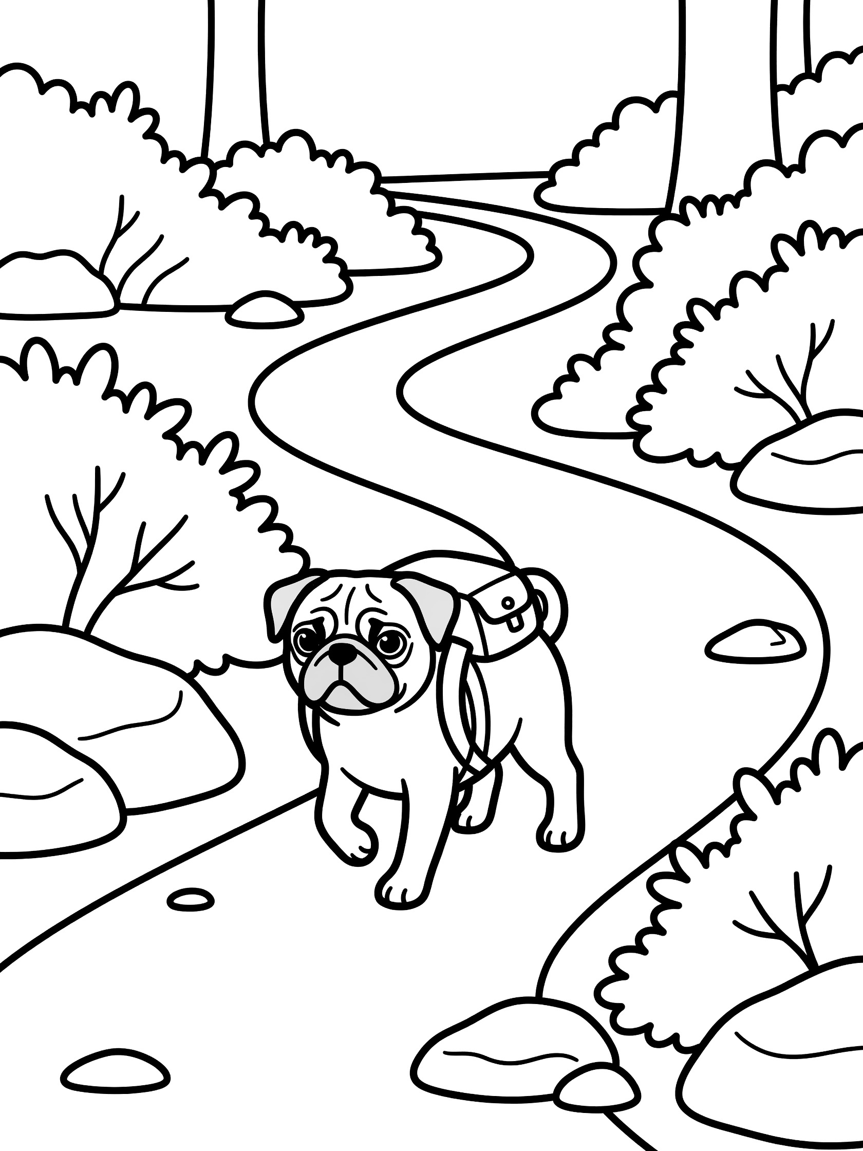 Black and white line art coloring page showing a pug dog wearing a backpack hiking along a curvy forest trail surrounded by trees bushes and rocks