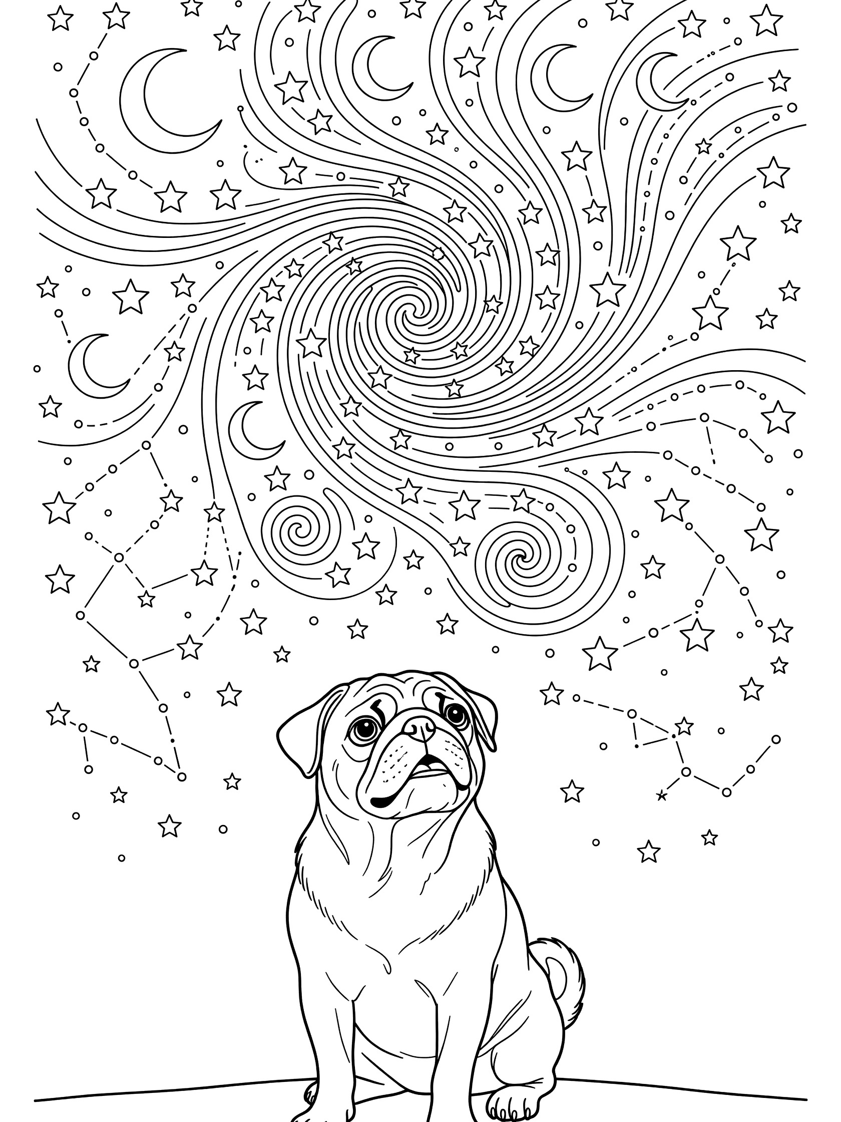 Black and white line art coloring page showing a pug dog gazing upward at intricate swirling stars, moons, and starry patterns in a night sky.