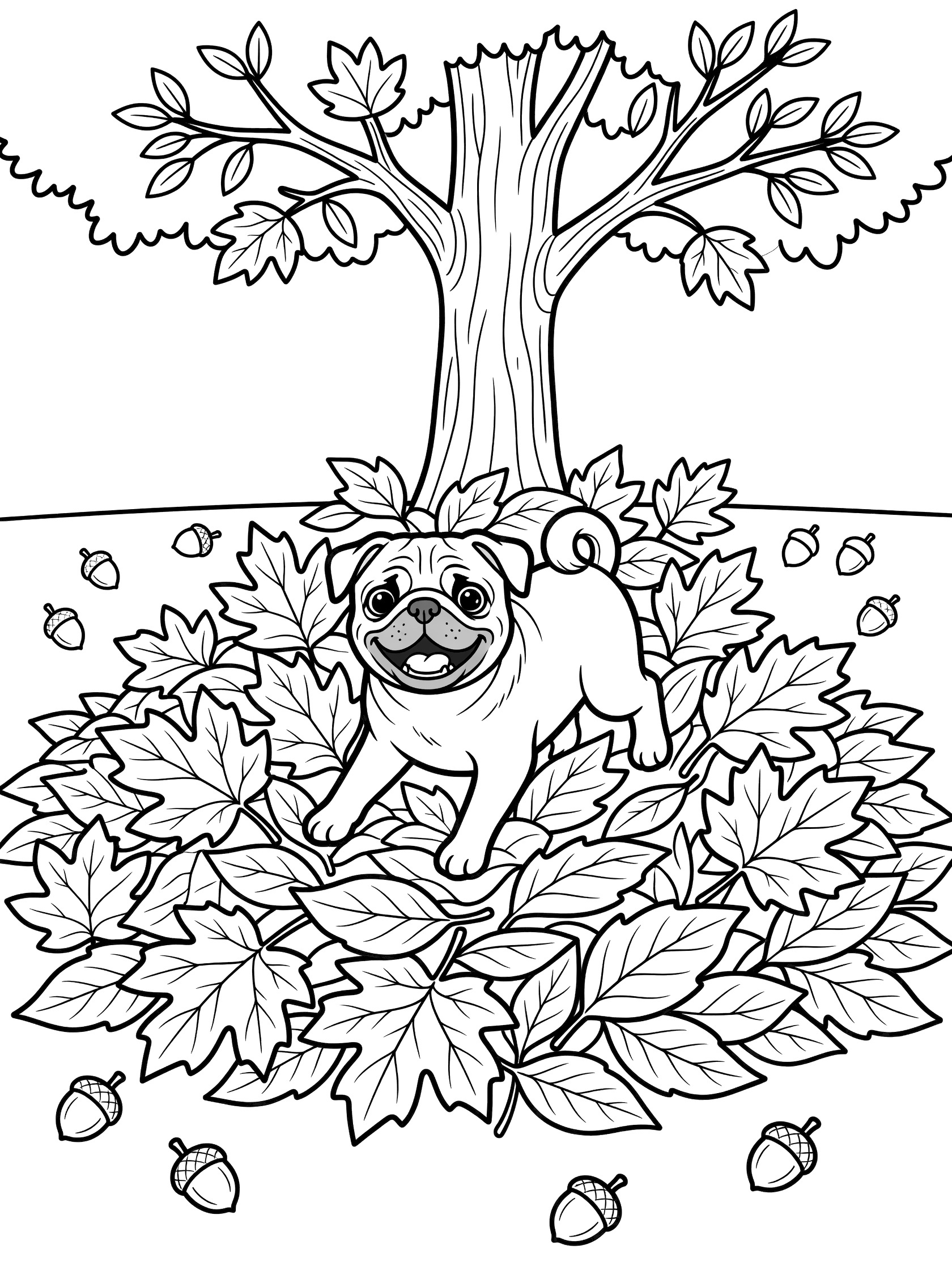 Black and white line art coloring page showing a pug dog in a pile of autumn leaves with a tree and acorns