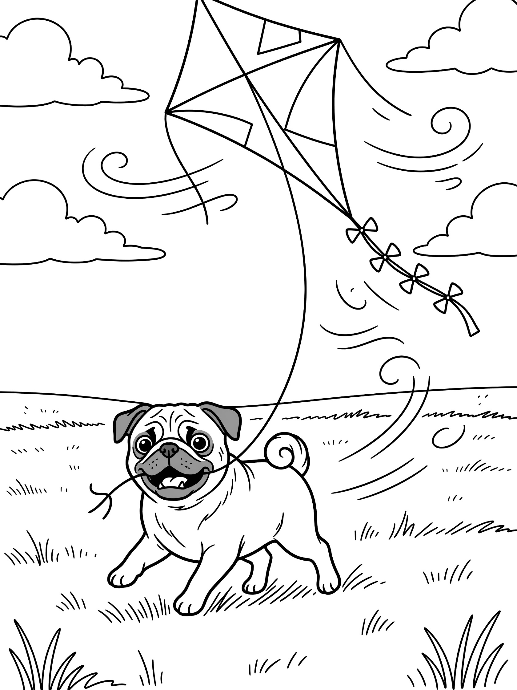 Black and white line art coloring page showing a pug dog holding a kite string, running on grass with clouds and wind lines.