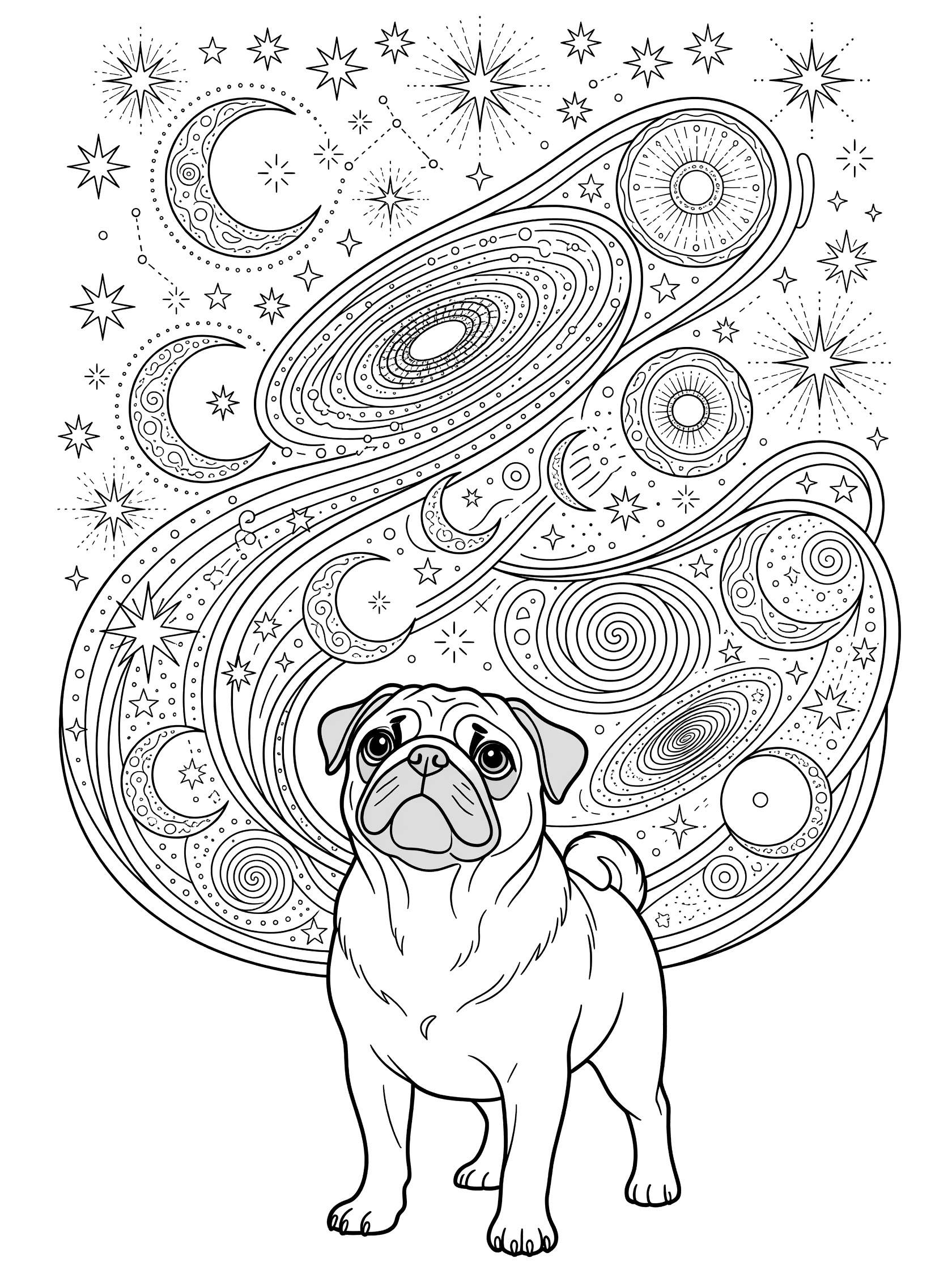 Black and white line art coloring page showing a pug dog facing forward with big eyes gazing up, surrounded by detailed stars, crescent moons, and swirling galaxy patterns.
