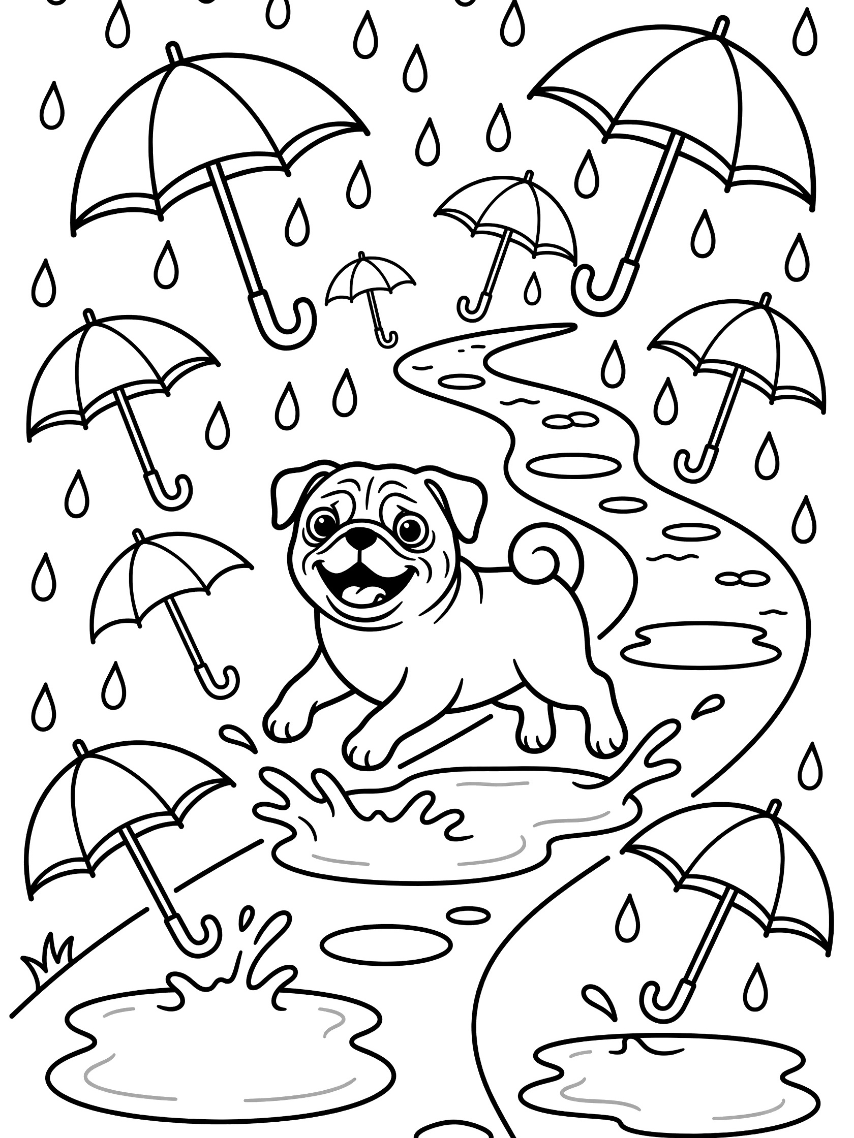 Black and white line art coloring page showing a cute pug dog jumping and splashing in puddles on a winding path surrounded by open umbrellas and falling raindrops.