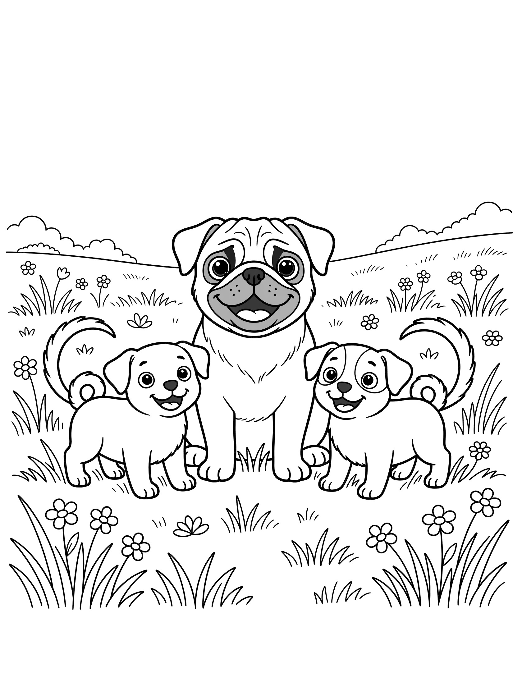 Black and white line art coloring page showing a pug dog sitting with two small puppies, all with wagging tails, surrounded by grass and flowers in a meadow.