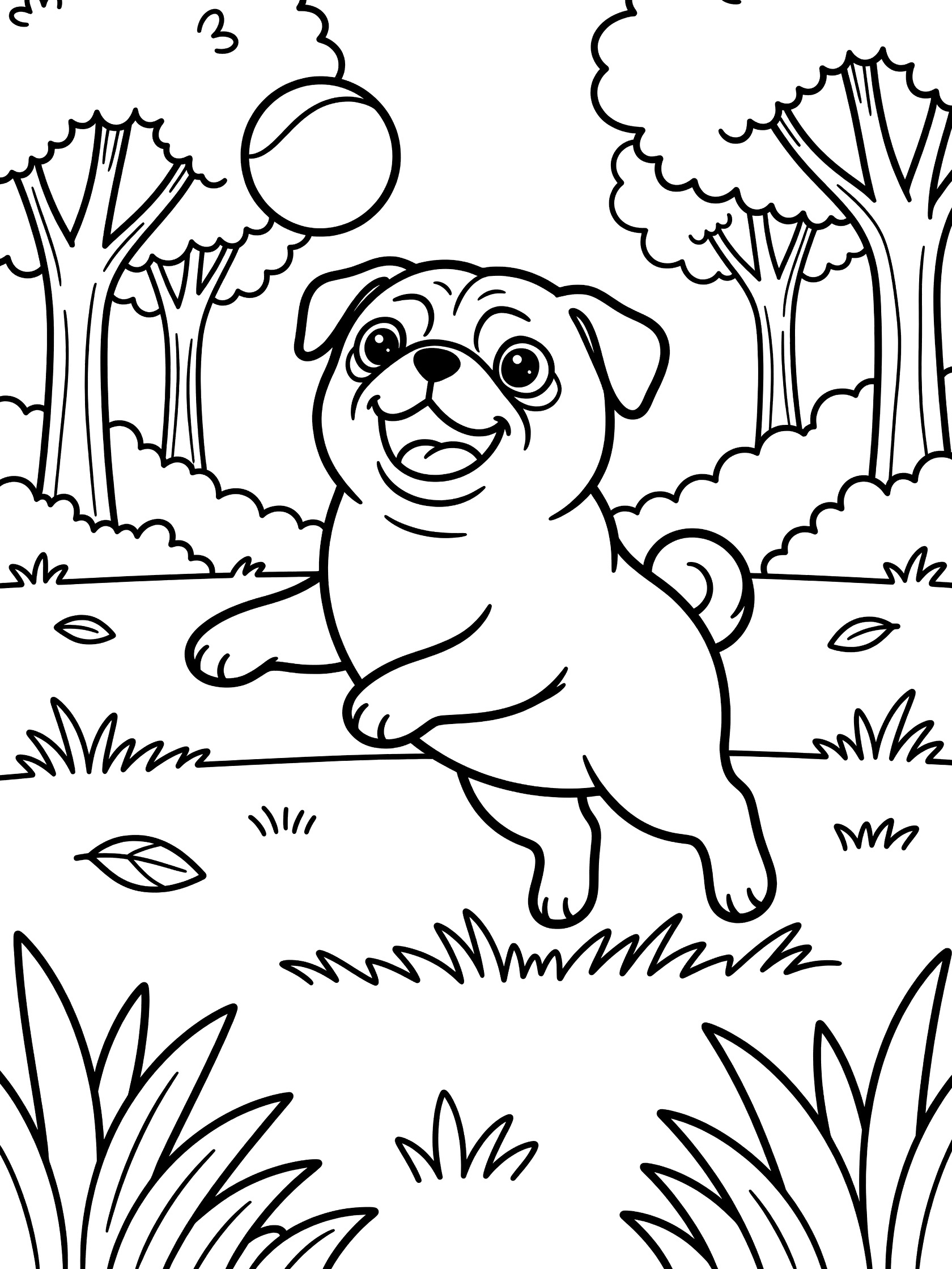 Black and white line art coloring page showing a chubby pug puppy leaping with open mouth to catch a round ball, with trees, grass, and leaves in the woods.