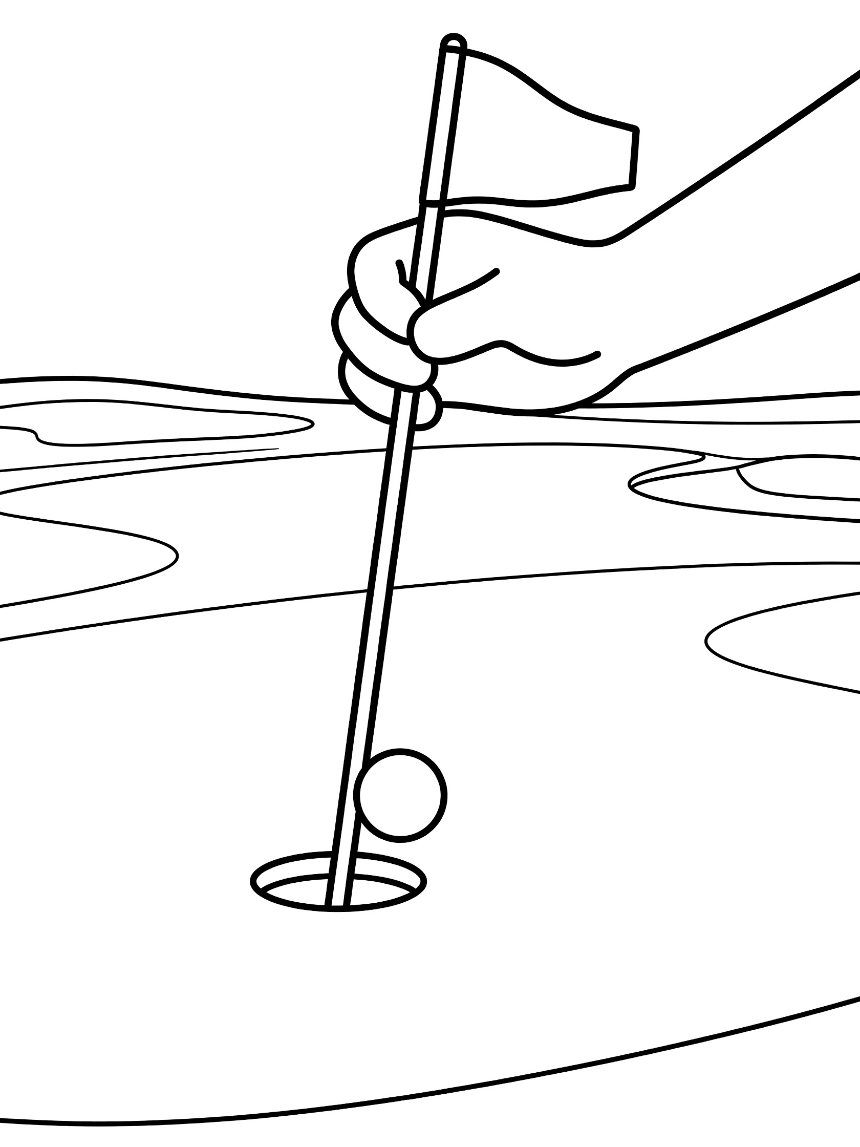 Black and white line art coloring page showing a hand gripping and lifting a flagstick from a golf hole, revealing a golf ball on the green with course contours.