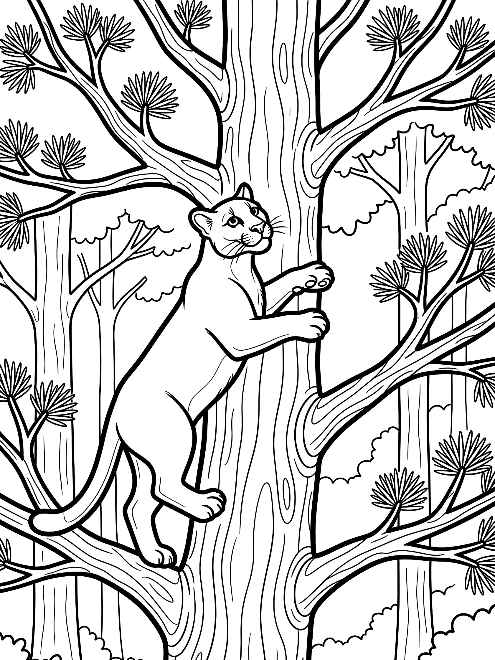 Black and white line art coloring page showing a puma gripping a thick tree trunk with branches and pine needles while climbing in a forest.