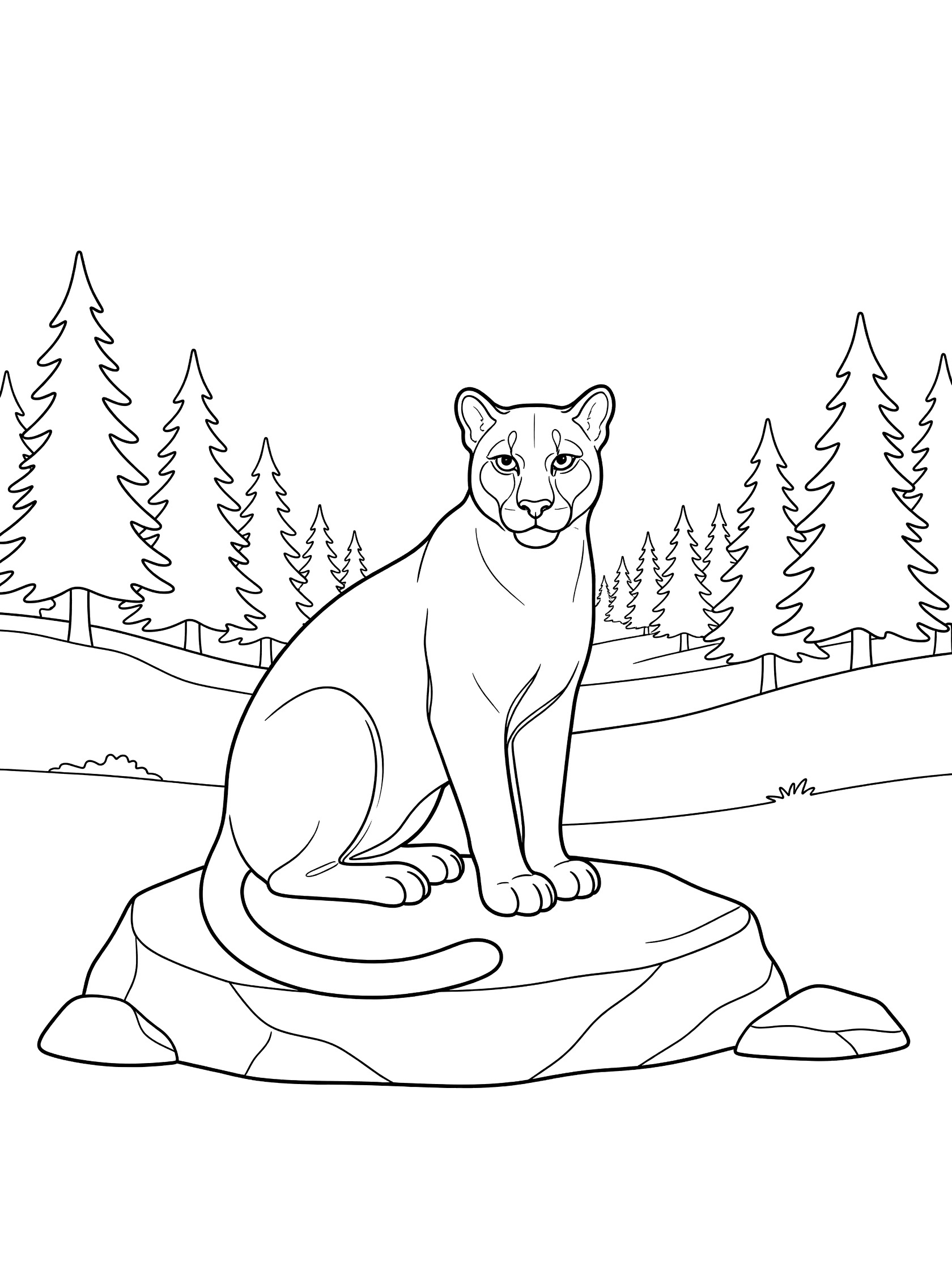 Black and white coloring page of a puma sitting on a flat rock overlooking pine trees in a woodland scene