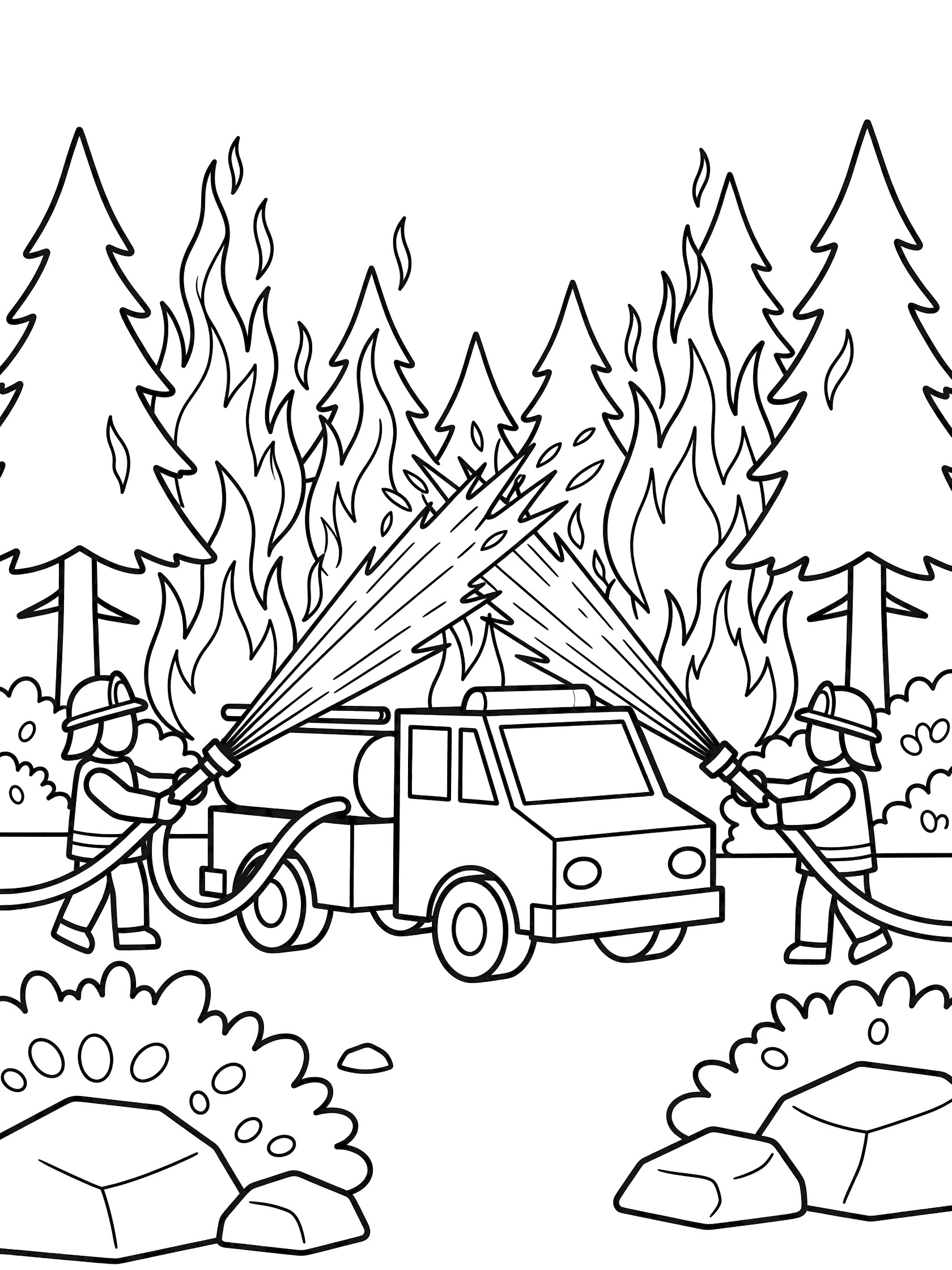 Black and white coloring page of a pumper truck and firefighters battling stylized flames in a pine forest with bushes and rocks.