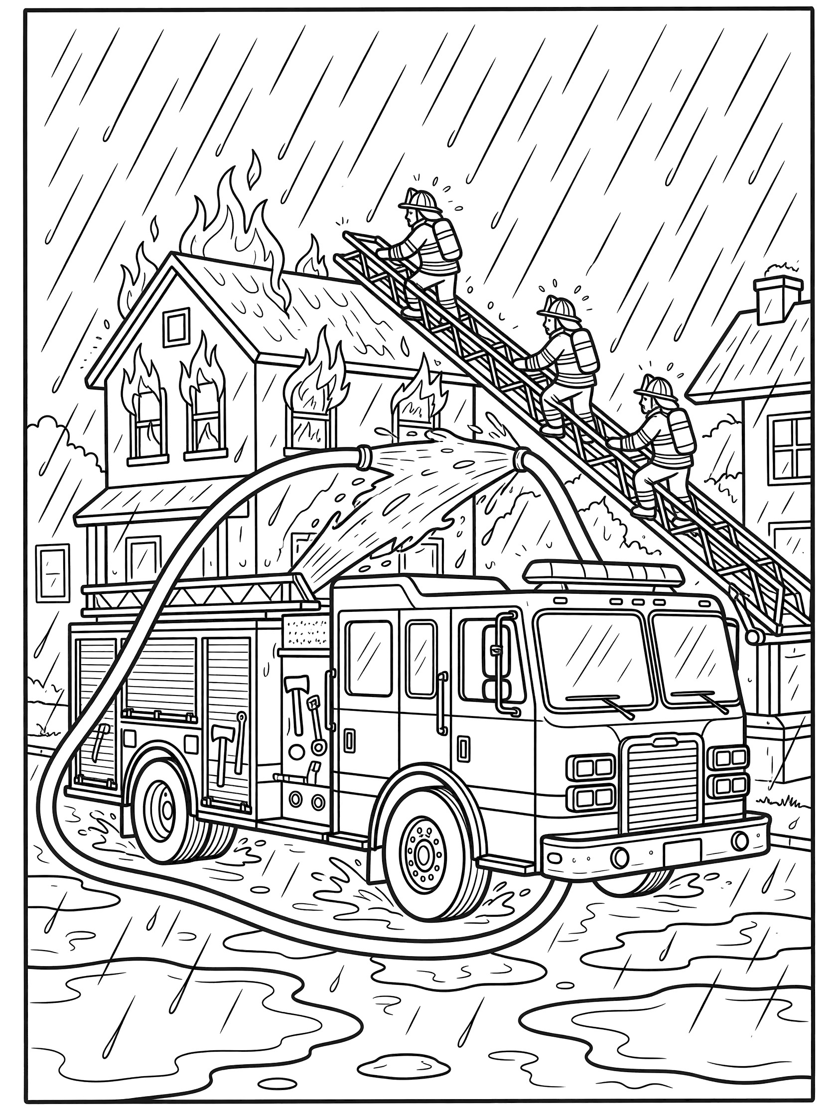 Line art coloring page showing a fire pumper truck in action on a wet street, hosing flames from a two-story house while firefighters in rain gear climb a ladder amid heavy rain.