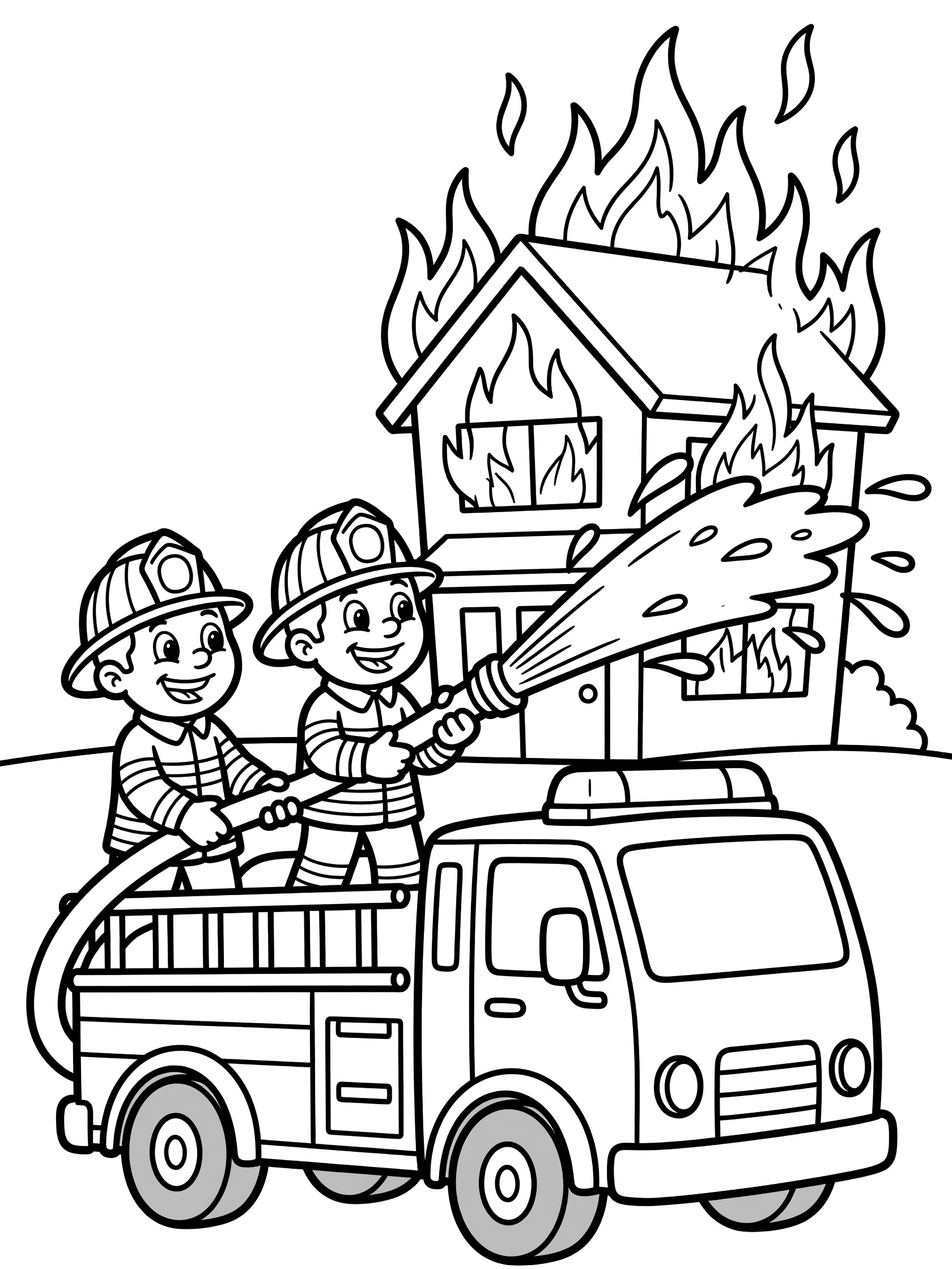 Cartoon pumper truck parked in front of a two-story house on fire, with friendly firefighters holding a hose spraying water on the flames.