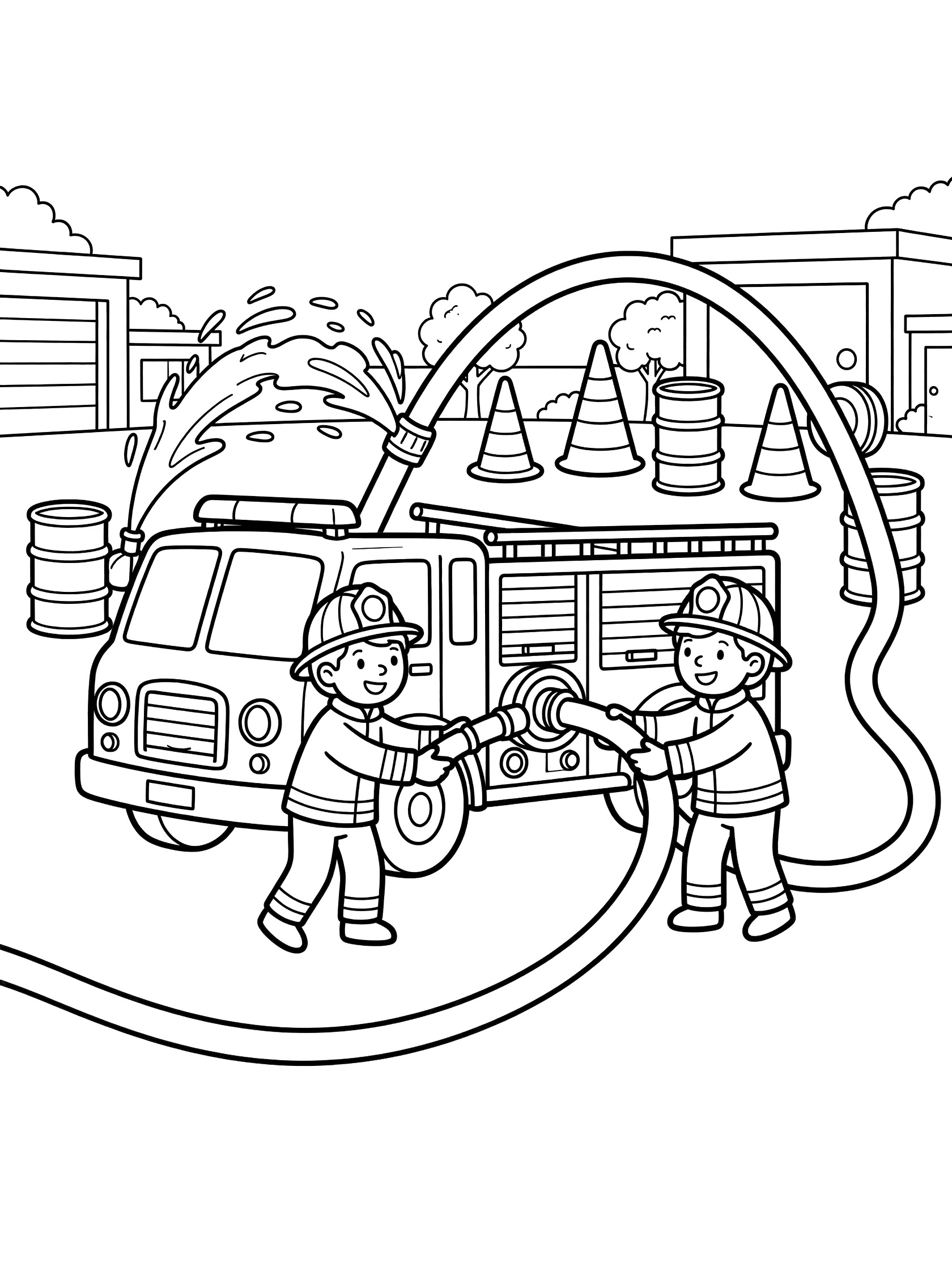 Black and white coloring page showing a cheerful pumper truck with two smiling firefighters attaching a hose during a water spray training drill on cones and barrels in a fire station yard