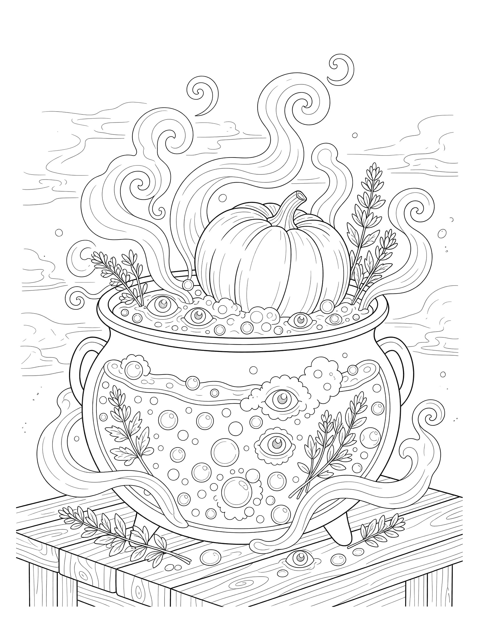 Black and white line art coloring page showing a whole pumpkin floating in a cauldron of witch's brew with bubbles, eyeballs, herbs, and rising steam on a table.