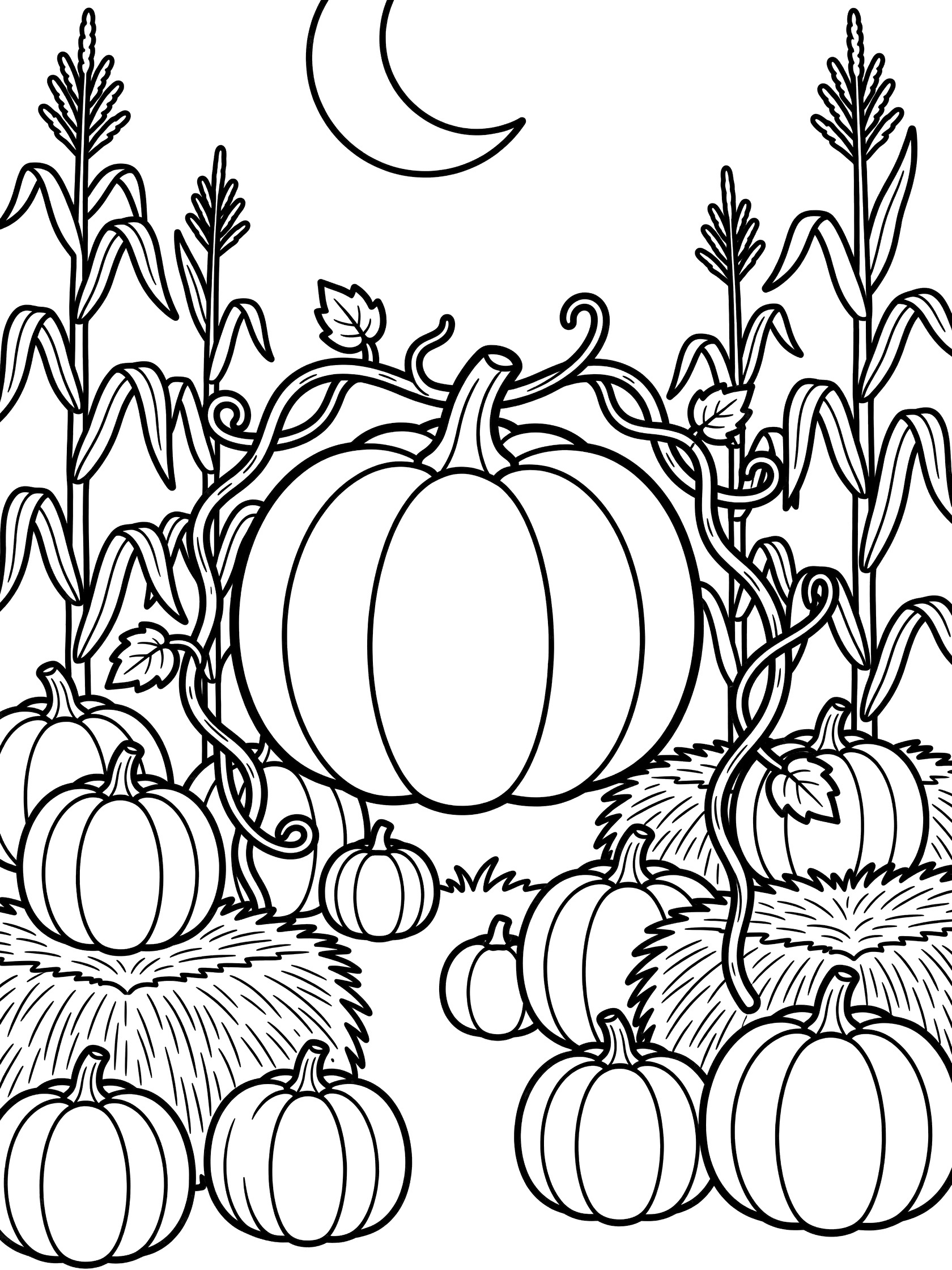 Black-and-white coloring page of a large pumpkin hanging from green vines in a moonlit pumpkin patch, surrounded by small pumpkins, hay bales, and cornstalks for Halloween.