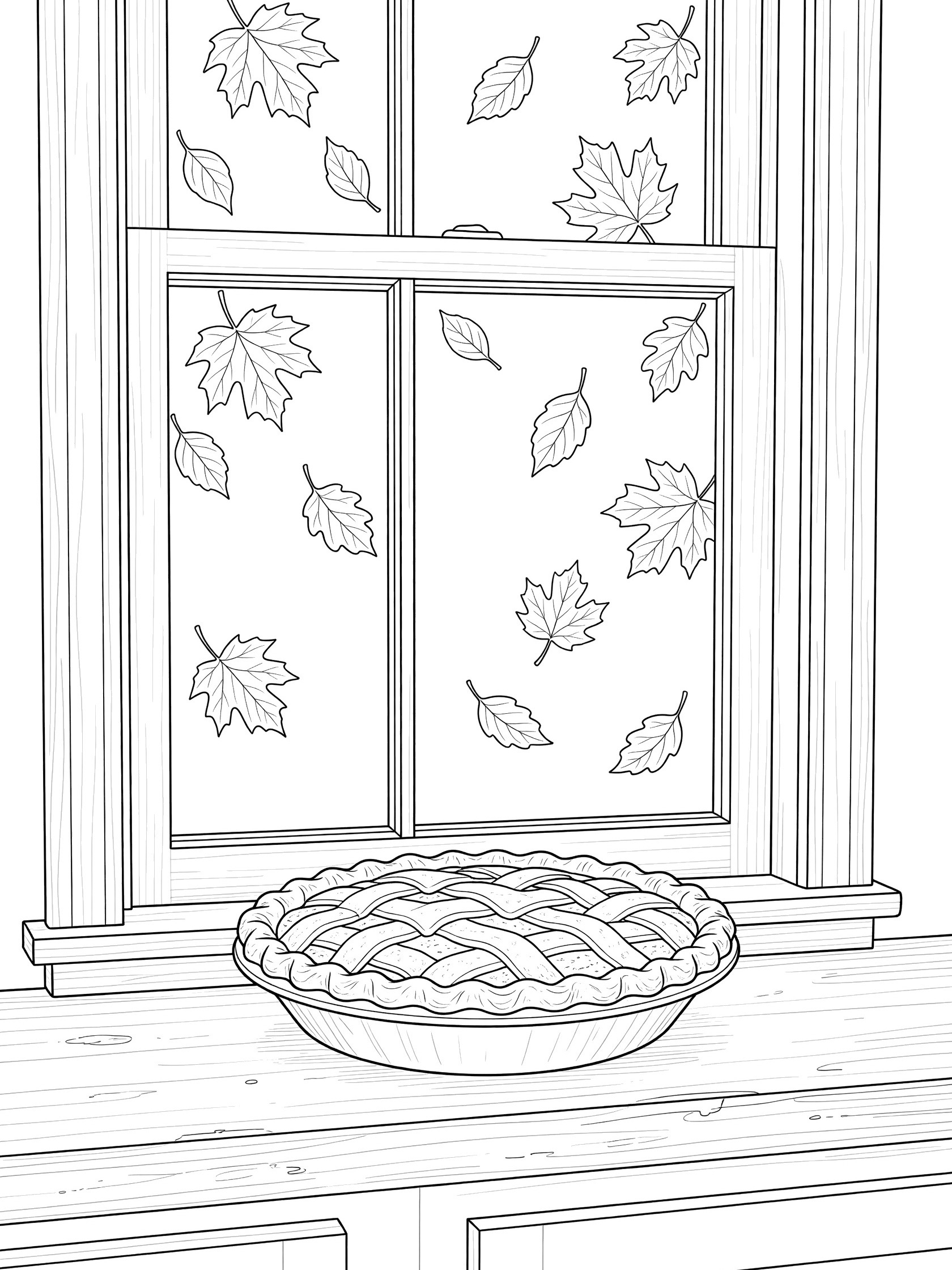 Black and white line art coloring page of pumpkin pie with lattice crust on windowsill, autumn leaves falling outside simple window frame.