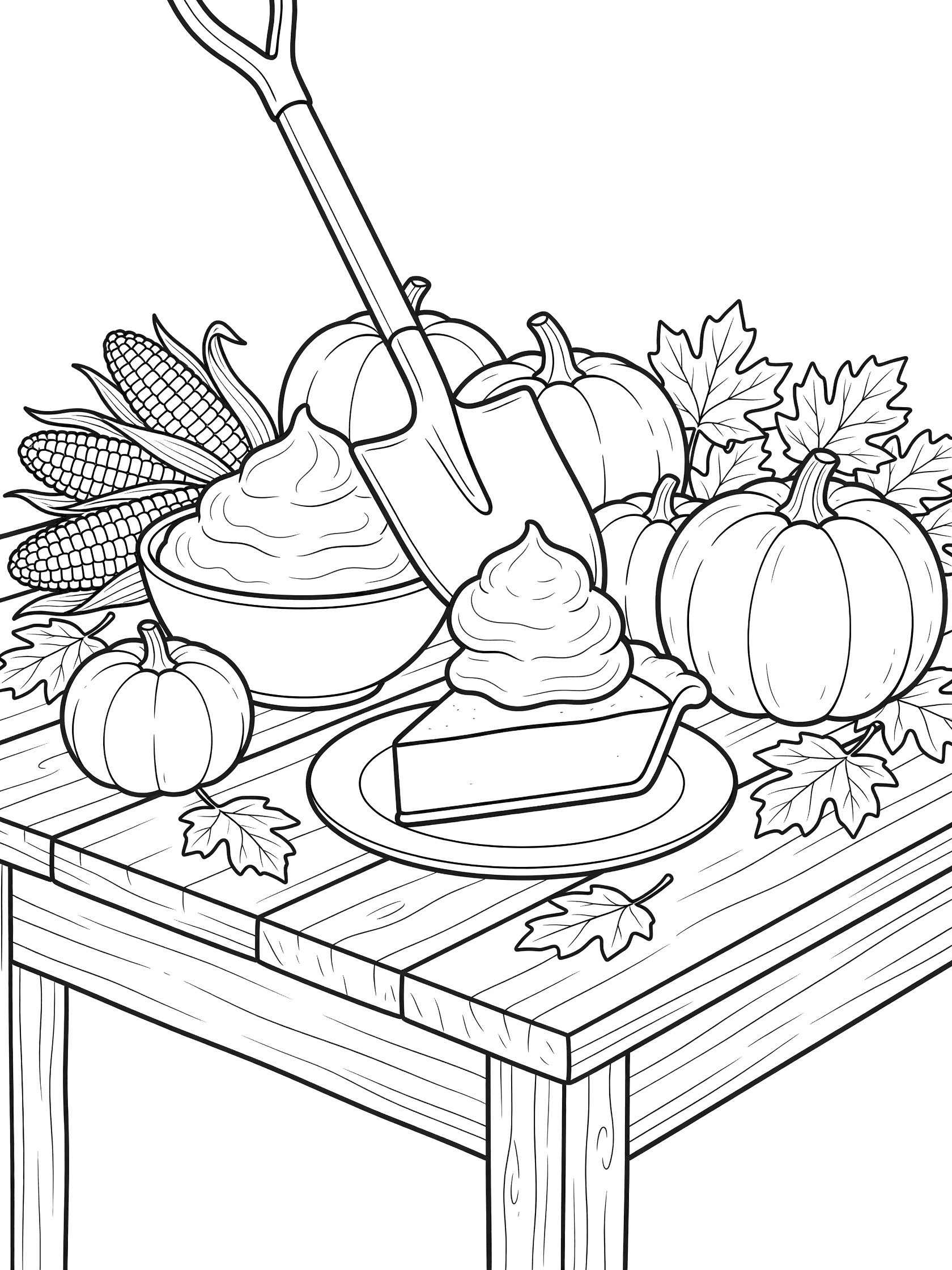 Black and white line art of a pumpkin pie slice on a plate with whipped cream scooped by a shovel, surrounded by pumpkins, corn, and fall leaves on a wooden table.