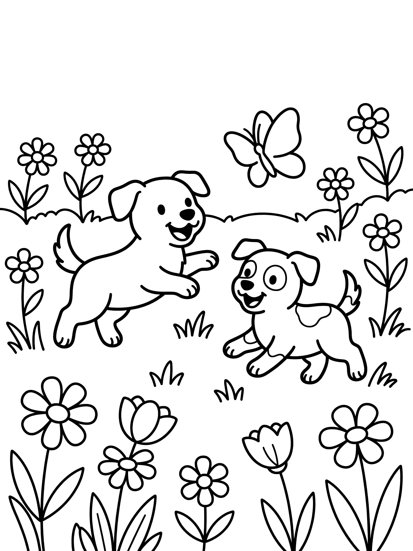 Black and white coloring page showing two playful puppies jumping after a butterfly in a field of flowers and grass. Mutts themed black and white printable line art