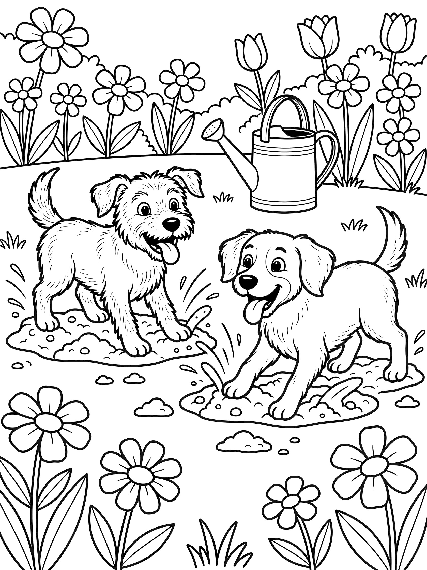 Two happy mutt puppies playing and digging holes in mud surrounded by garden flowers and a watering can, clean line art coloring page