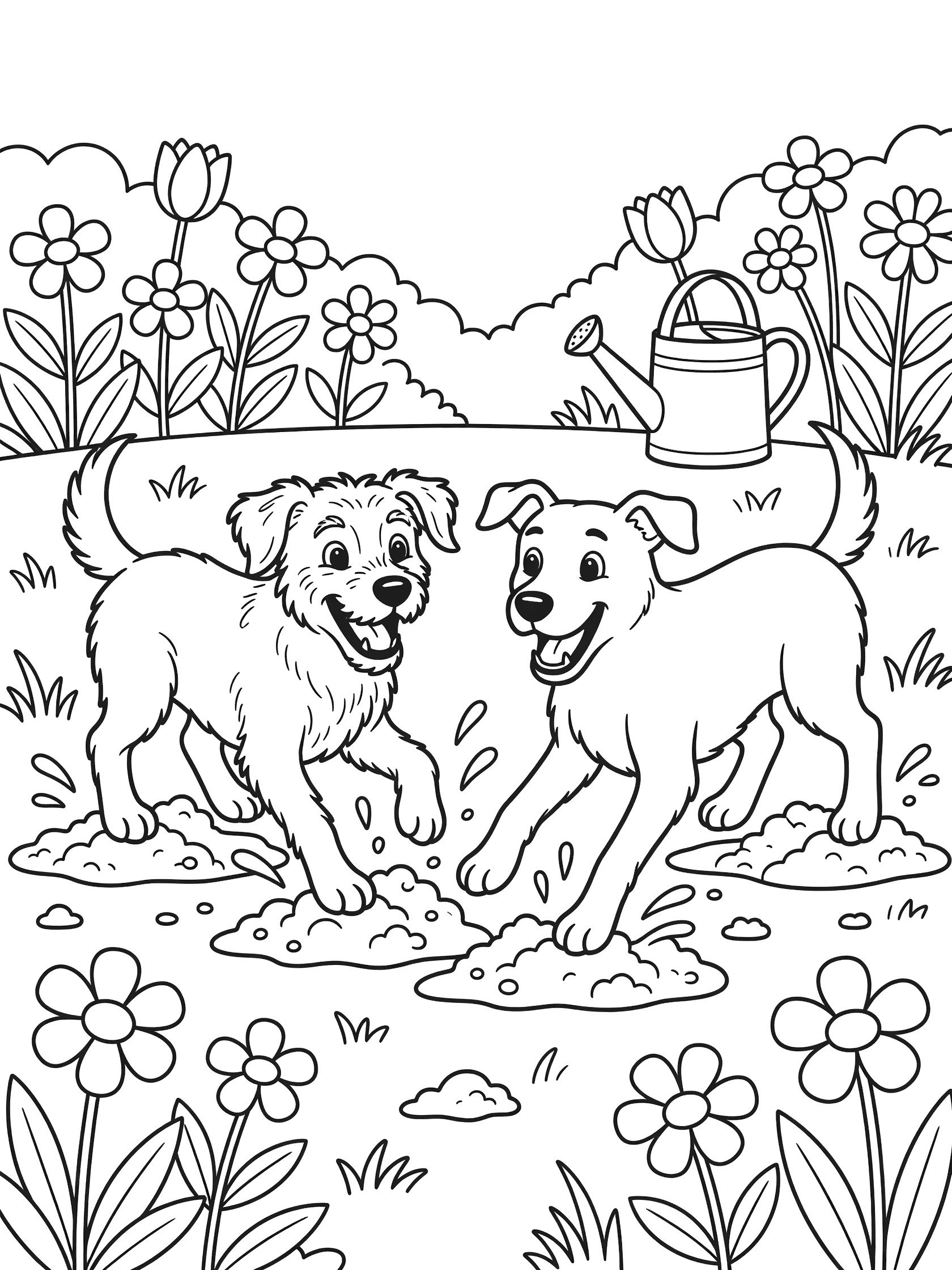 Black and white line art coloring page showing two happy mutt puppies playing in muddy puddles in a garden surrounded by flowers and a watering can.