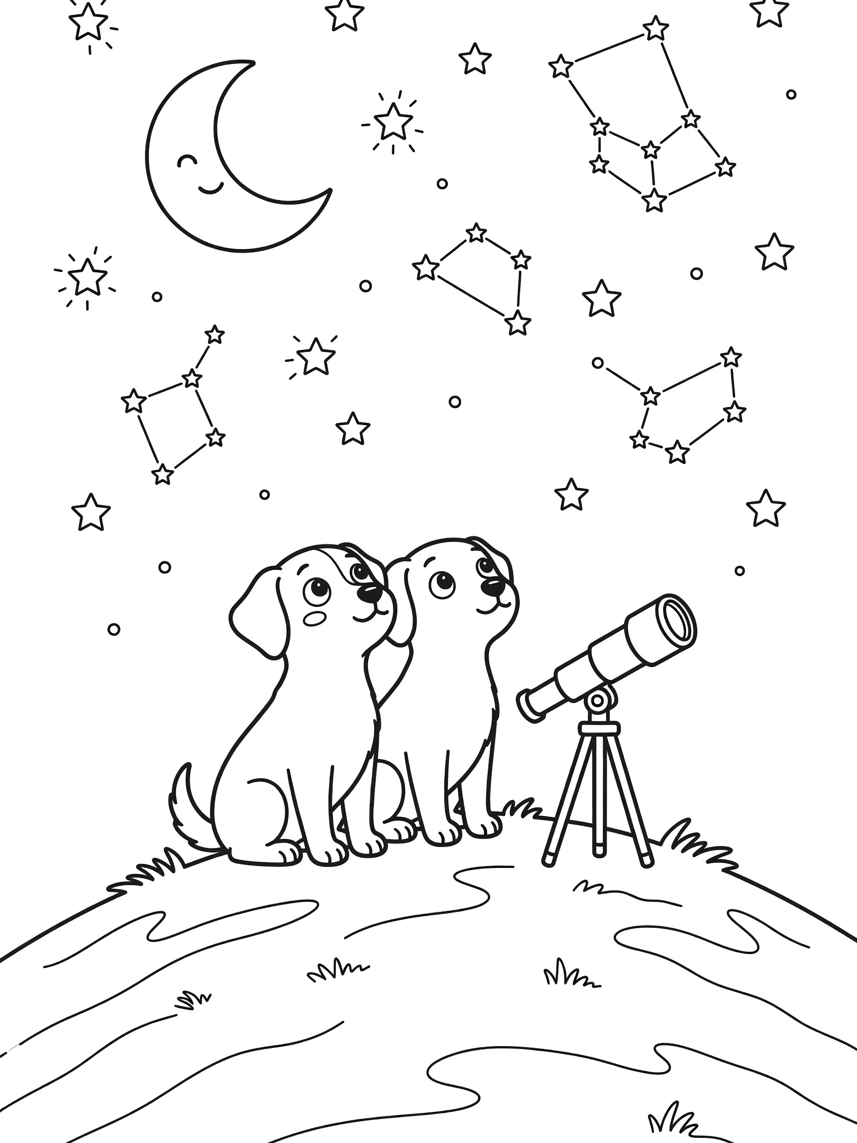 Black and white line art coloring page of two puppies on a grassy hill gazing at stars, moon and constellations next to a tripod telescope. Mutts themed black and white printable line art