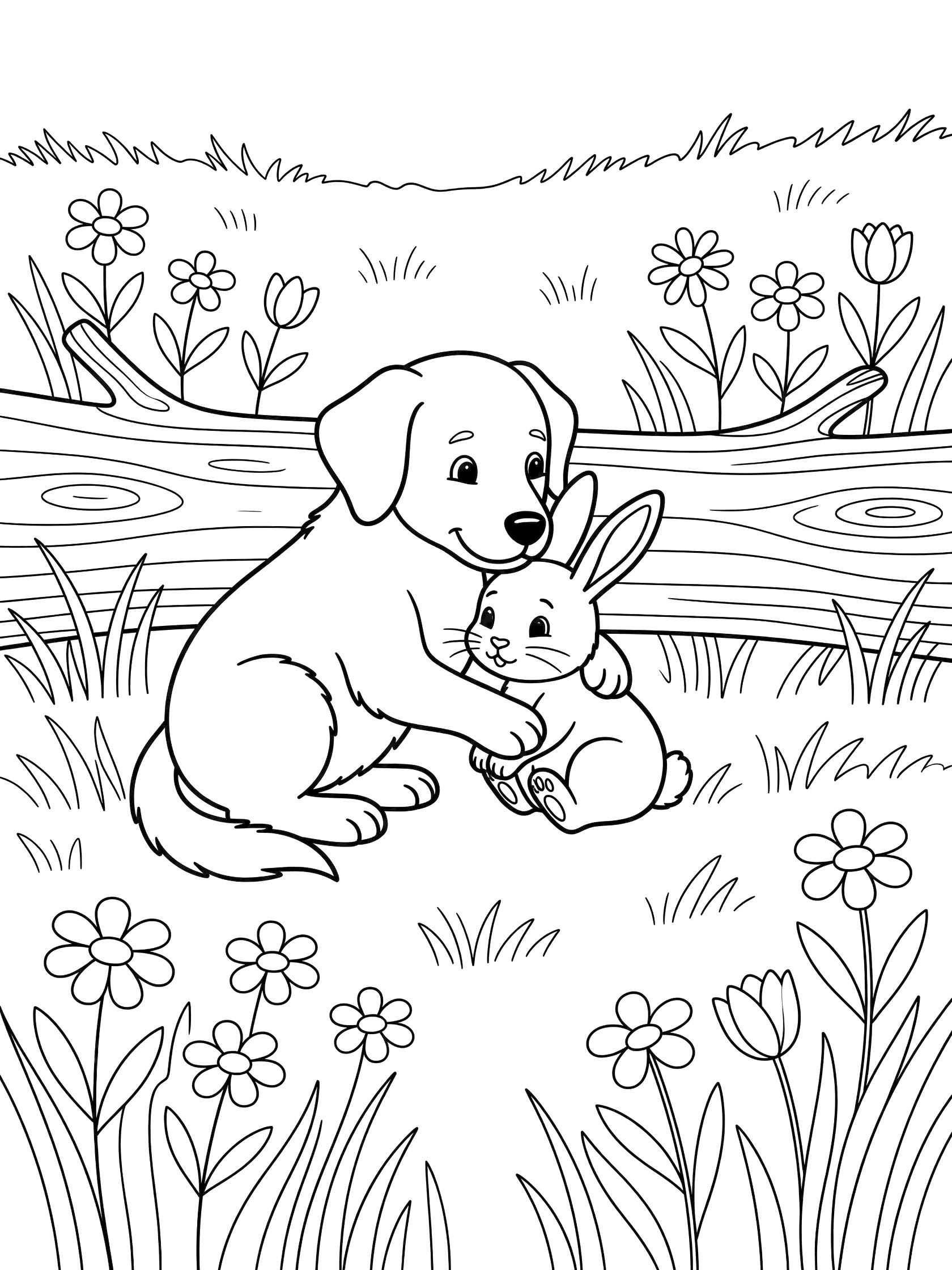 Black and white line art coloring page showing a happy puppy hugging a bunny next to a log, surrounded by grass and flowers in a meadow. Rescue Dogs themed black and white printable line art