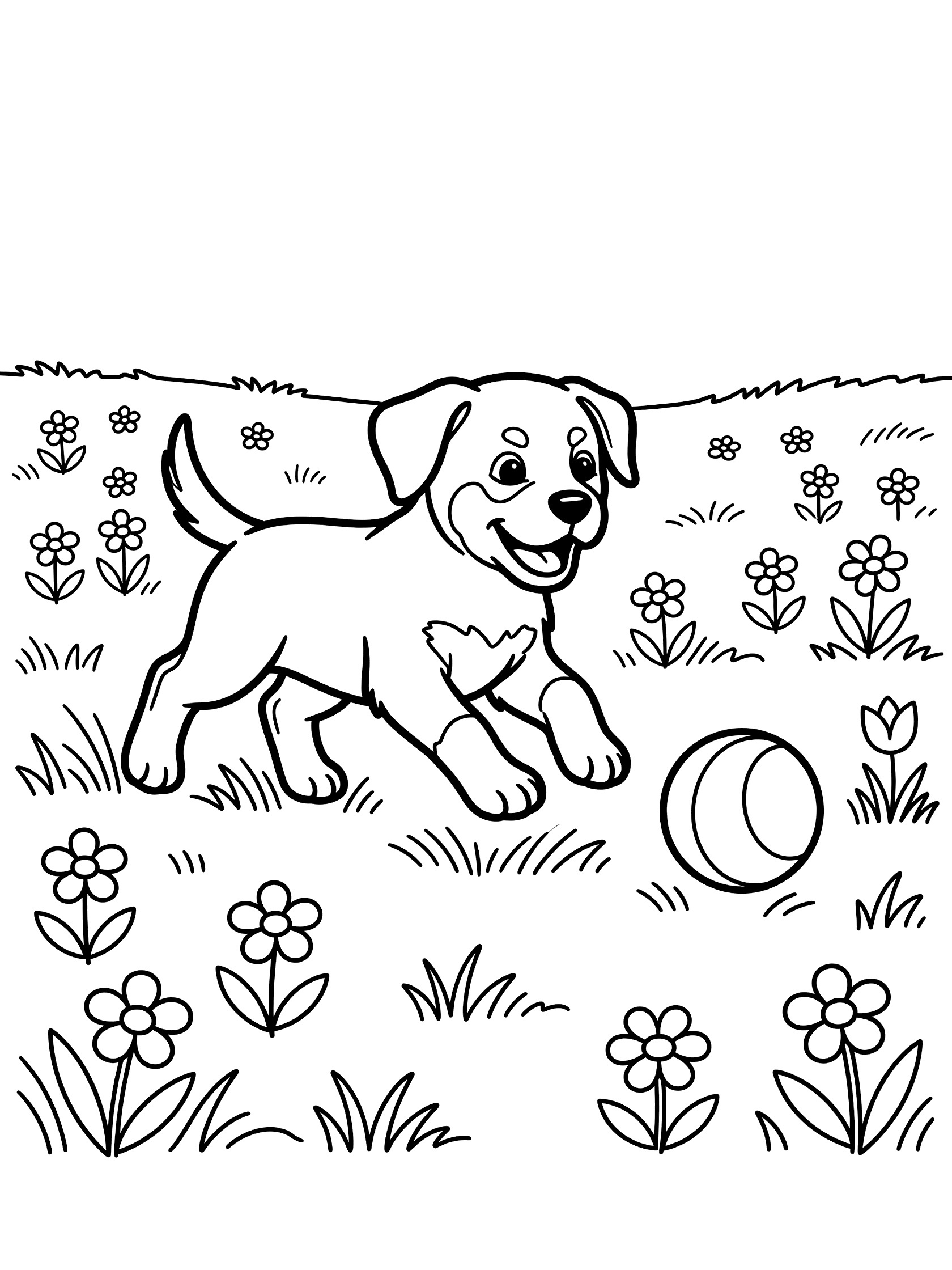 Black and white line art coloring page showing a playful puppy chasing a round ball across grass with scattered flowers in a field. Rottweiler themed black and white printable line art