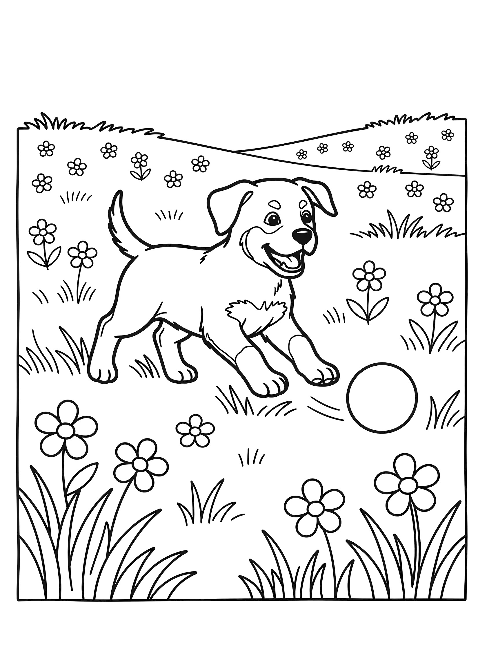 Black and white line art coloring page showing a playful puppy chasing a round ball through a field of flowers and grass with hills in the background. Rottweiler themed black and white printable line art