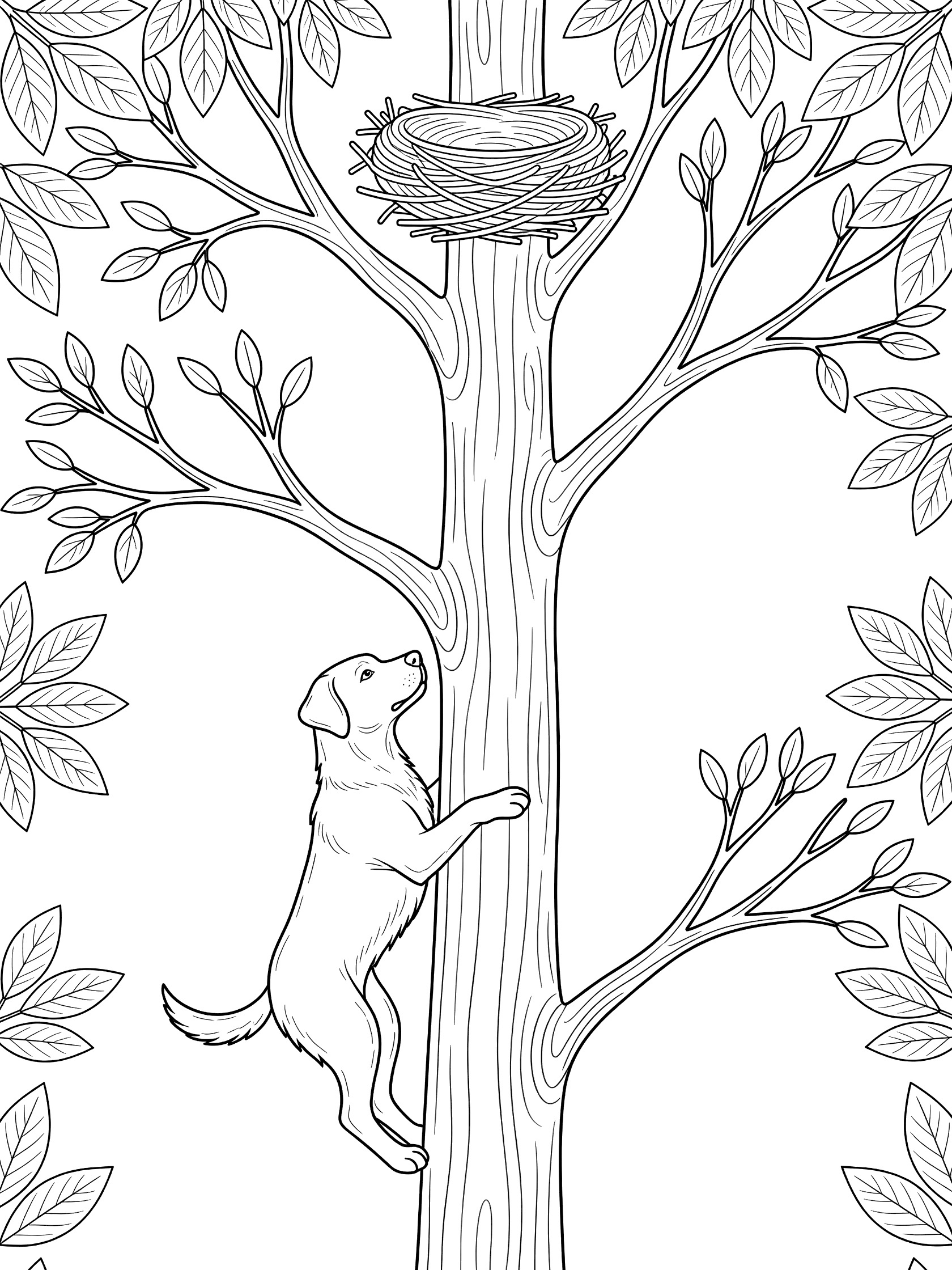 Black and white line art coloring page showing a puppy climbing up a tall tree trunk with leaves and branches to a bird nest at the top. Rescue Dogs themed black and white printable line art