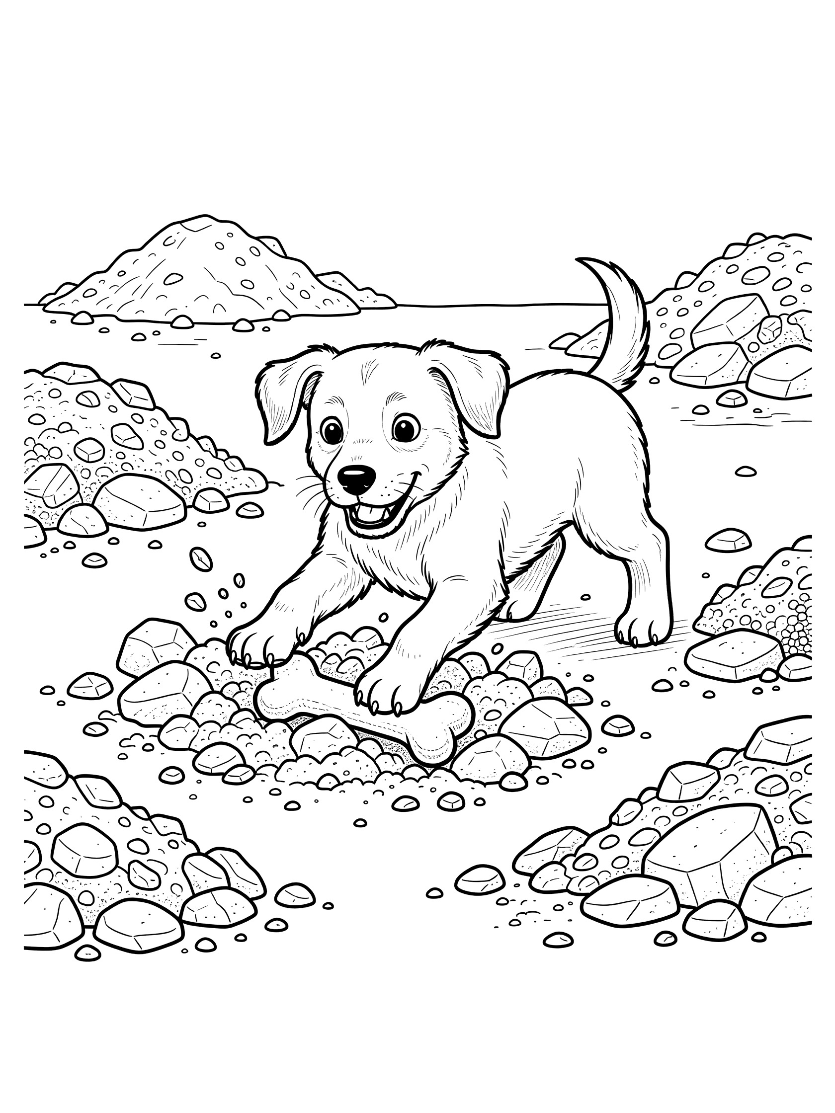 Black and white line art coloring page showing a cute puppy with outstretched paws digging in scattered rocks and dirt, uncovering a bone toy, surrounded by piles of rubble. Rescue Dogs themed black and white printable line art