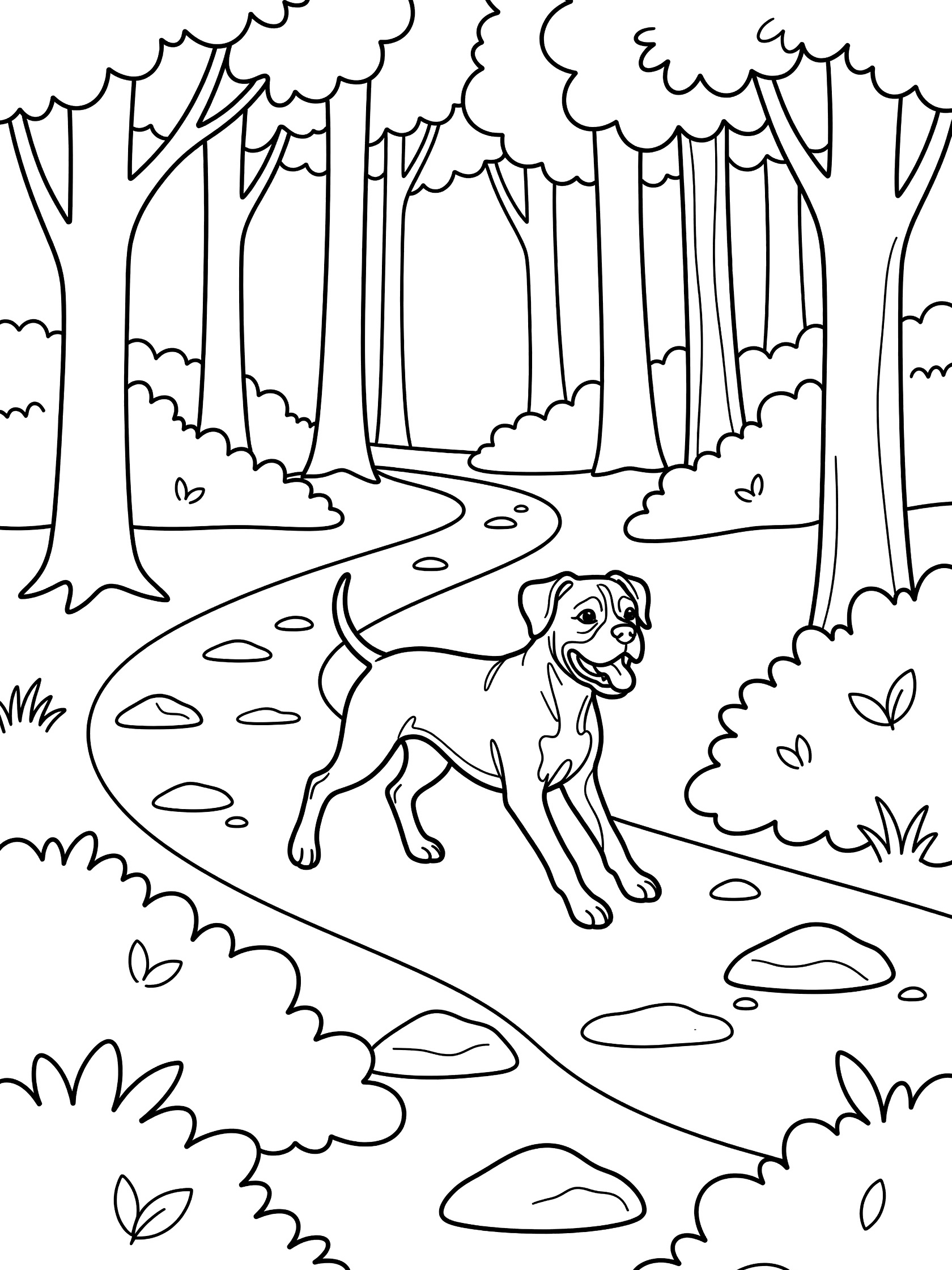 Black and white line art coloring page showing a puppy running on a winding forest trail surrounded by tall trees and bushes. Boxer themed black and white printable line art