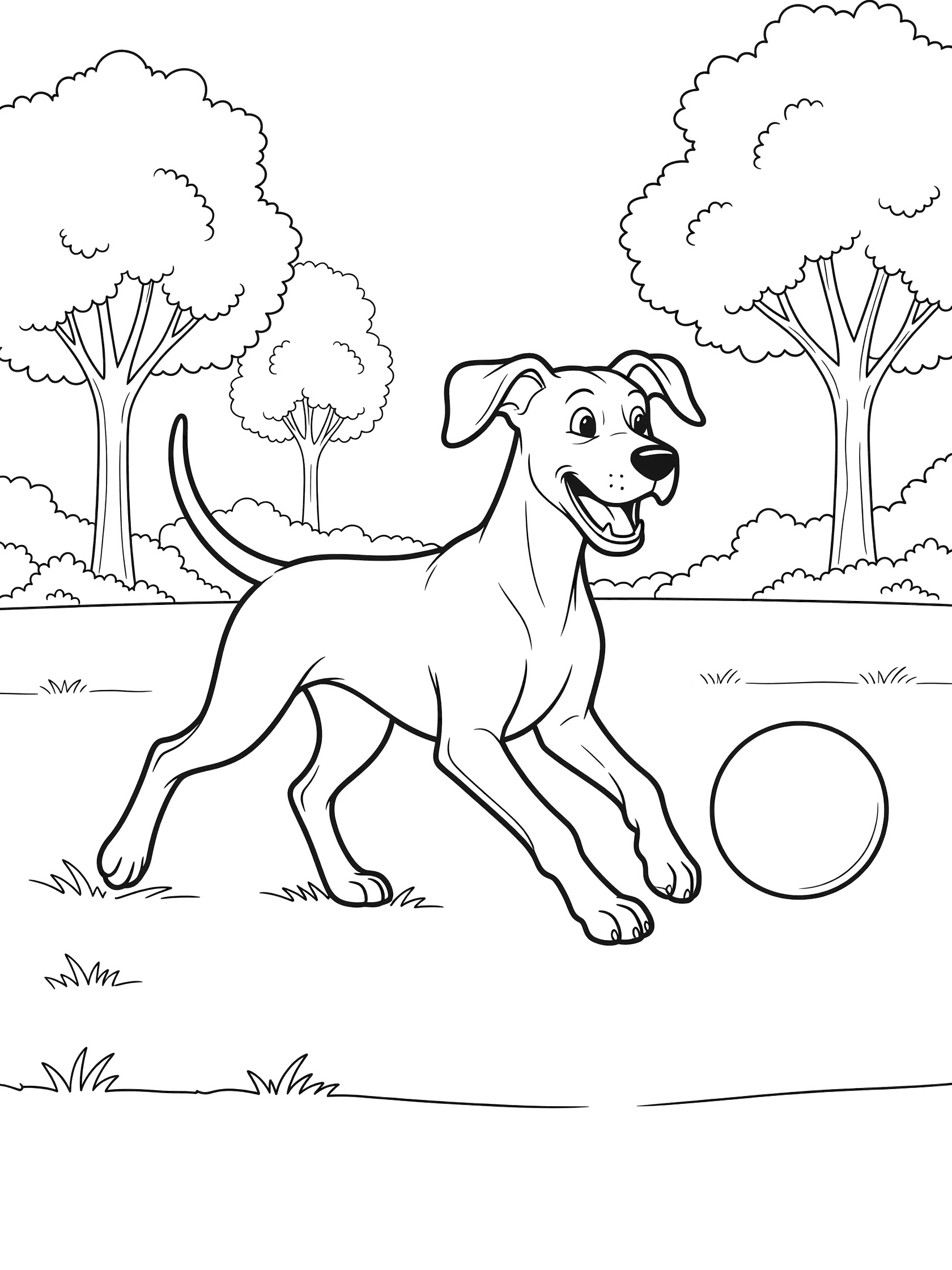 Black and white line art coloring page showing a joyful puppy running after a large ball on grass with simple trees in a park. Great Dane themed black and white printable line art