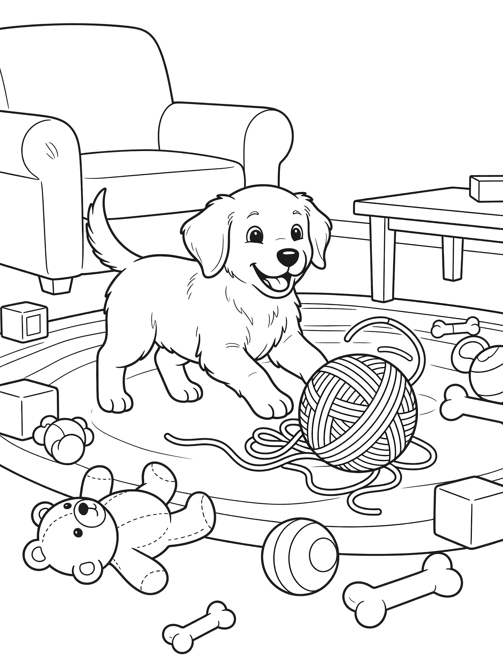 Black and white line art coloring page showing a fluffy puppy chasing a yarn ball in a room with couch, toys, blocks, teddy bear and bones. Golden Retriever themed black and white printable line art