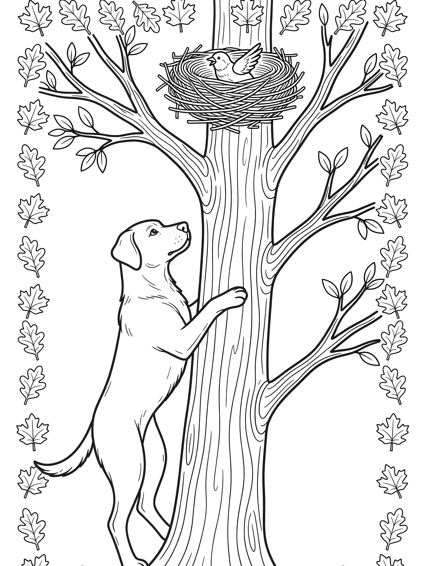 Black and white coloring page showing a puppy standing on hind legs pawing at tree trunk with bird nest and chick at top, surrounded by leaf patterns. Rescue Dogs themed black and white printable line art