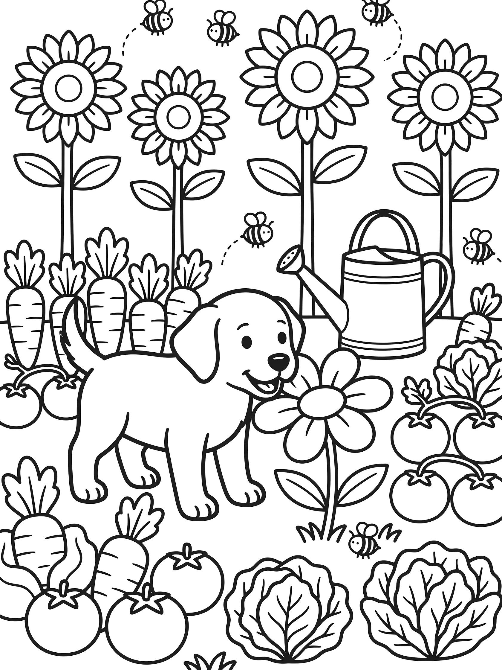Black and white coloring page of a happy puppy smelling a large flower in a garden with carrots, tomatoes, cabbage, sunflowers, bees, and a watering can. Labrador Retriever themed black and white printable line art